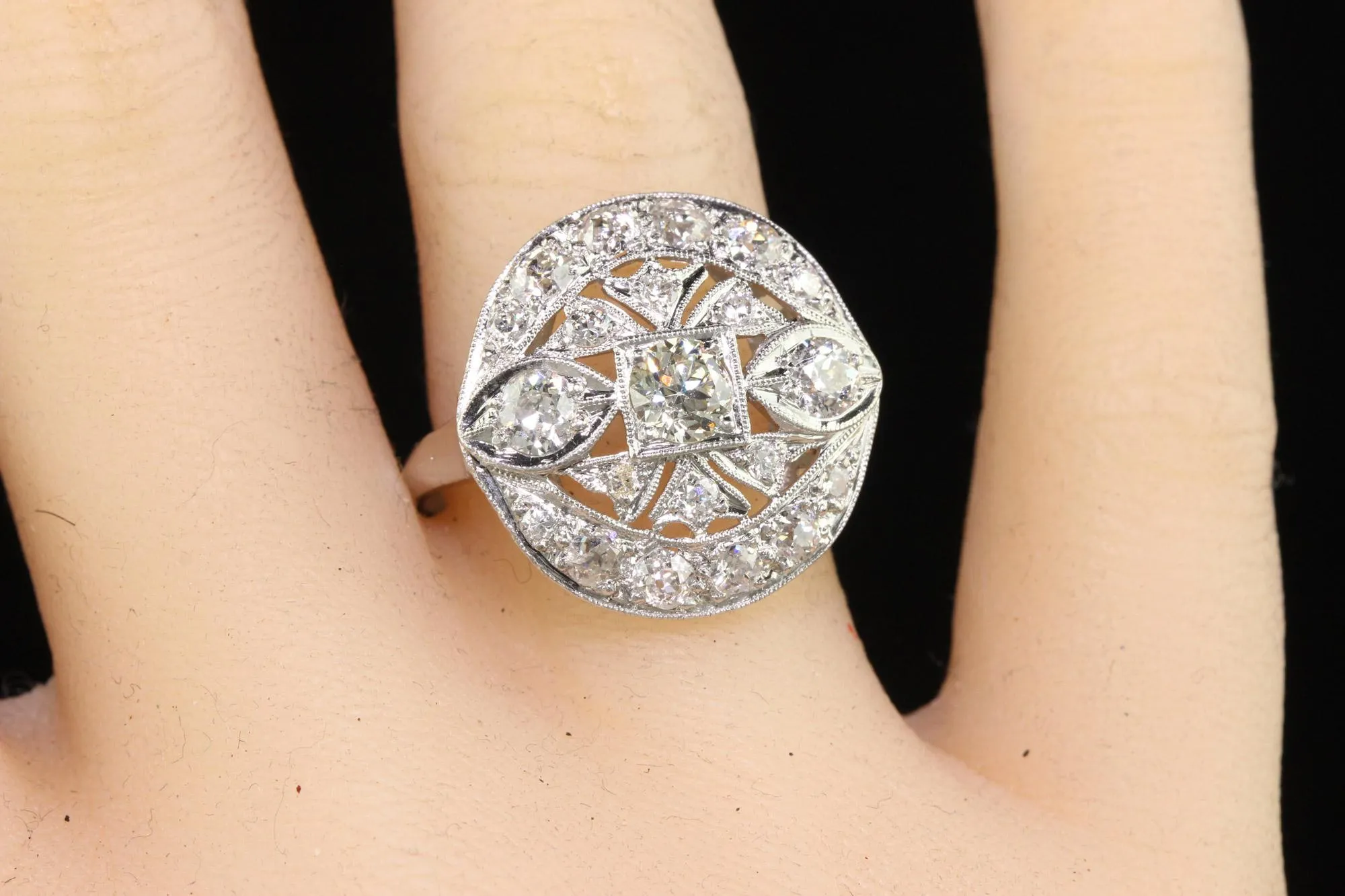 Antique Art Deco Platinum Old European Diamond Filigree Cocktail Ring