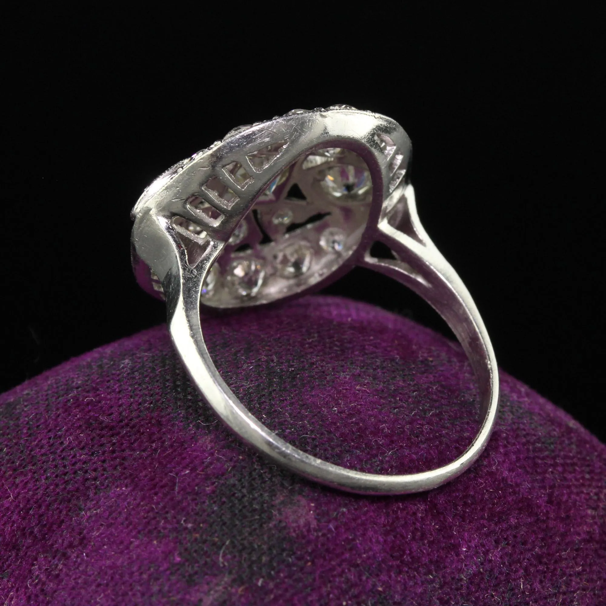 Antique Art Deco Platinum Old European Diamond Filigree Cocktail Ring