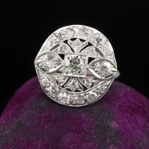 Antique Art Deco Platinum Old European Diamond Filigree Cocktail Ring
