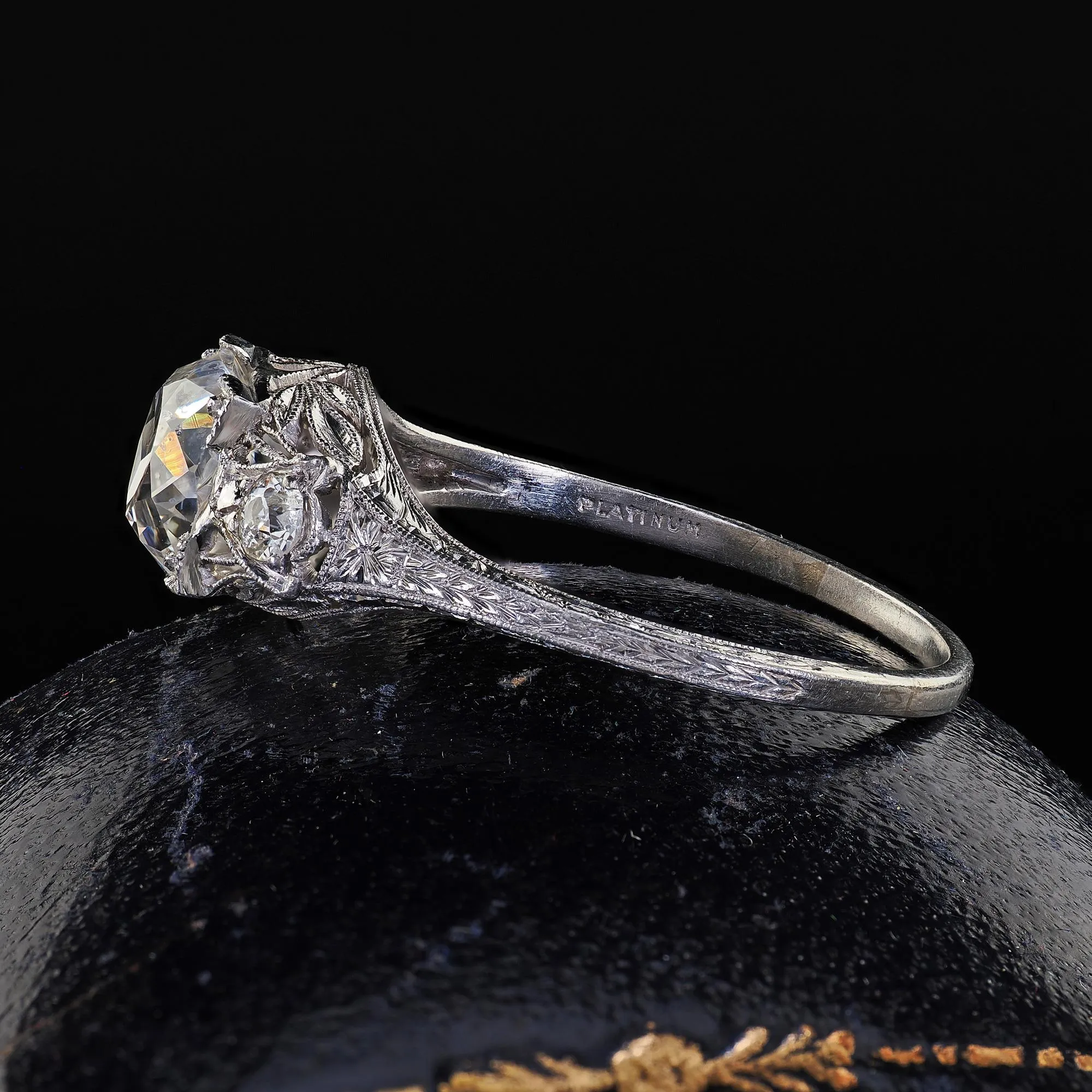 Antique Art Deco Platinum Old Mine Diamond Filigree Engagement Ring