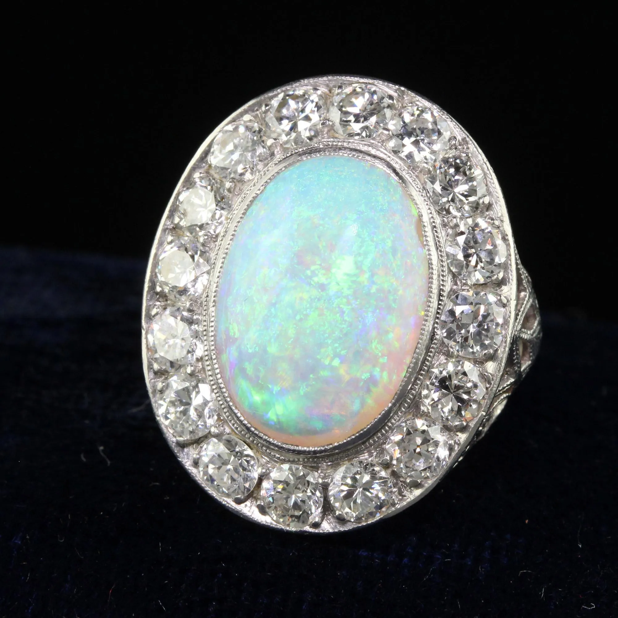 Antique Art Deco Platinum Opal and Old Euro Diamond Halo Cocktail Ring