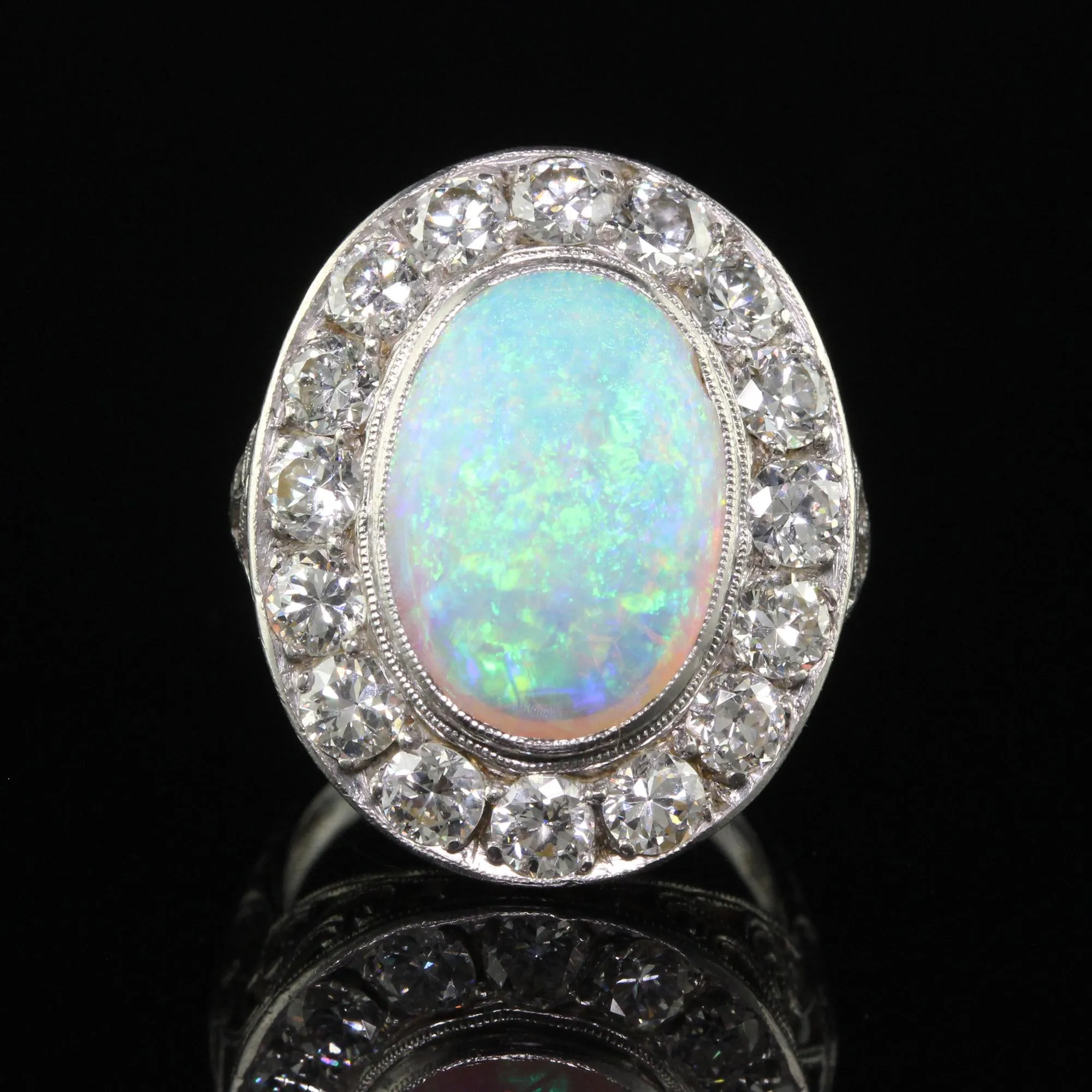 Antique Art Deco Platinum Opal and Old Euro Diamond Halo Cocktail Ring