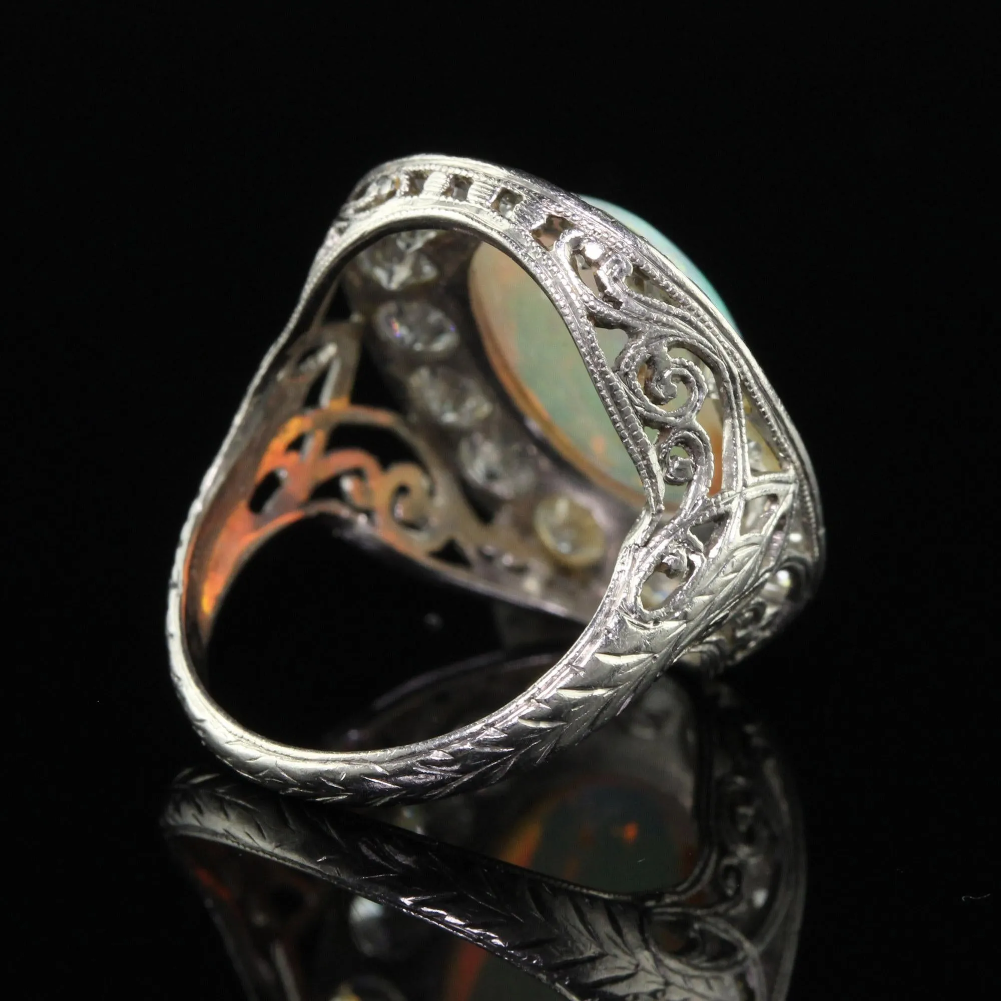 Antique Art Deco Platinum Opal and Old Euro Diamond Halo Cocktail Ring