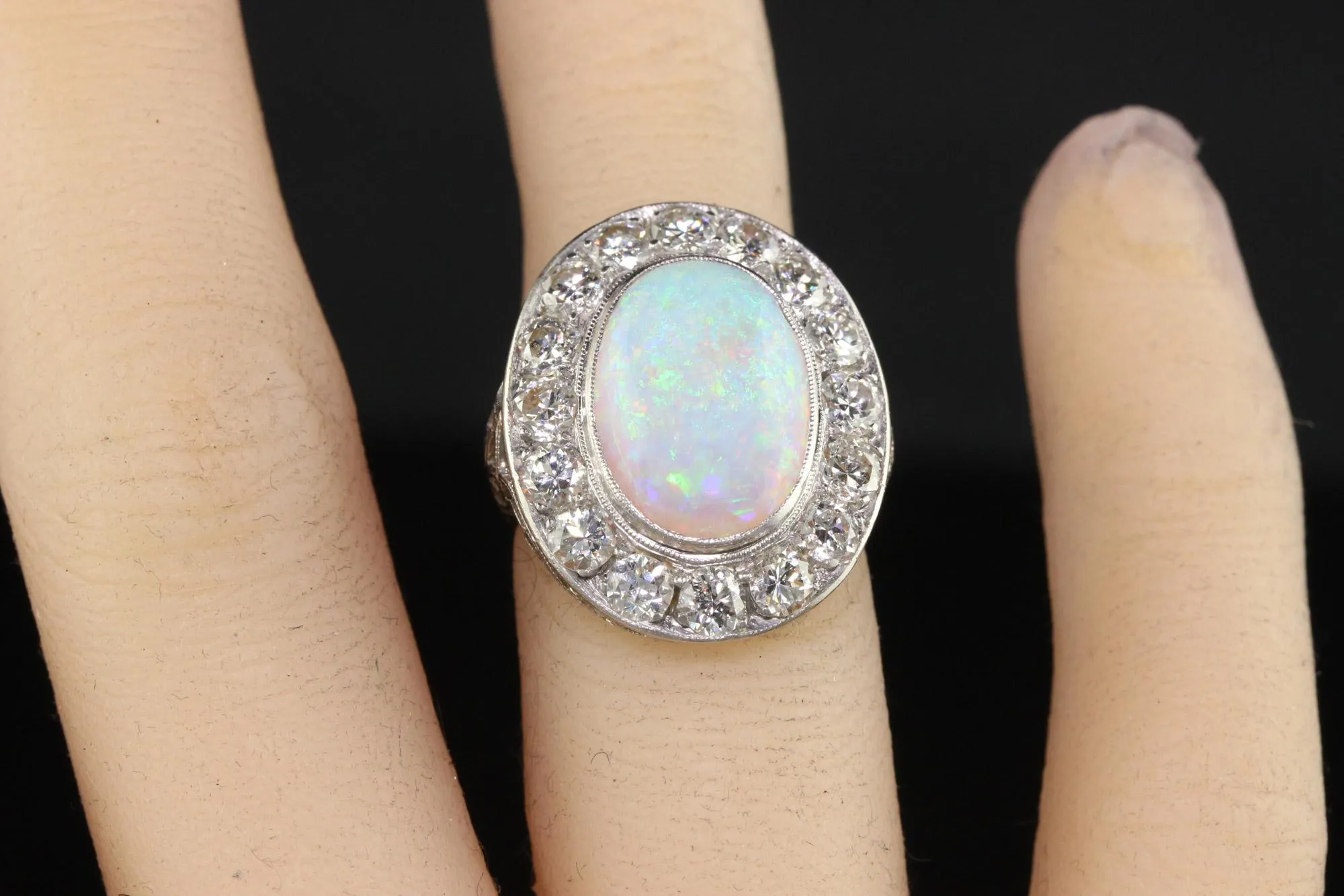 Antique Art Deco Platinum Opal and Old Euro Diamond Halo Cocktail Ring