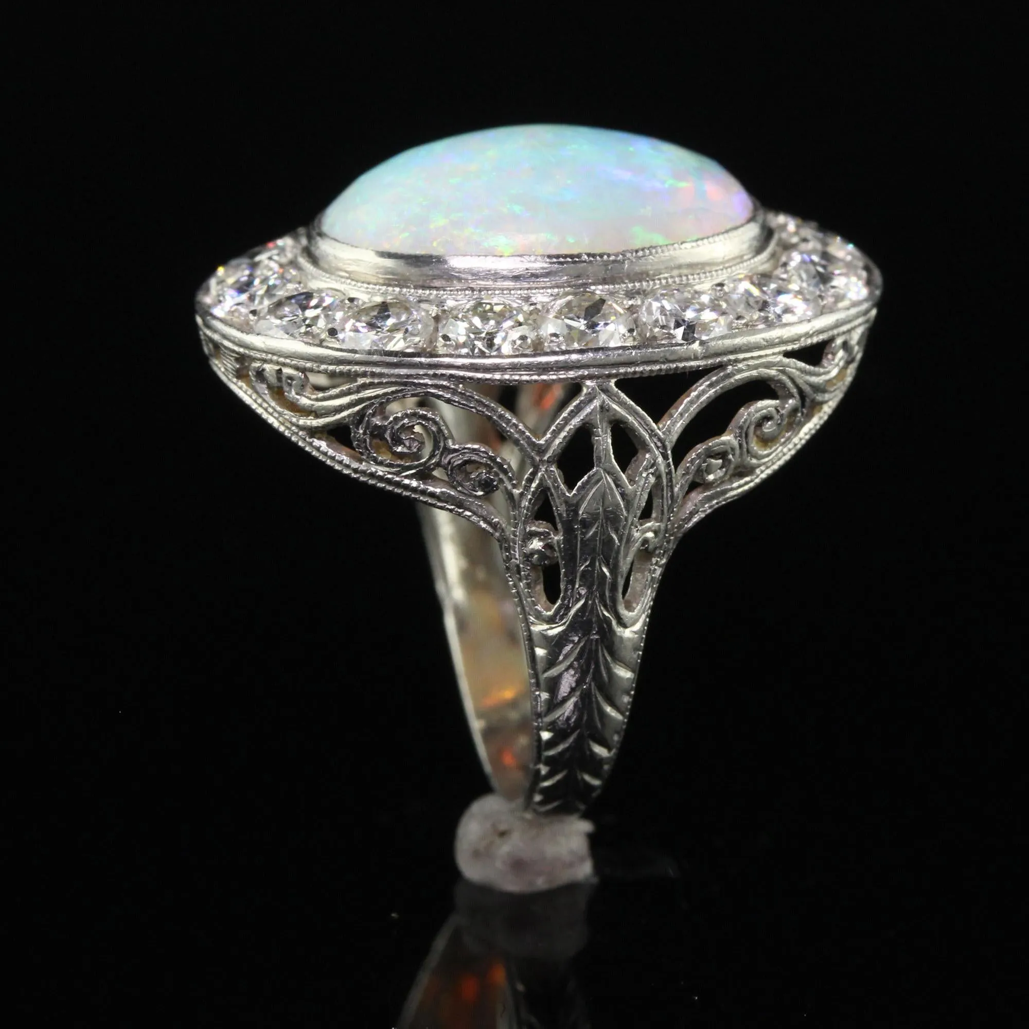 Antique Art Deco Platinum Opal and Old Euro Diamond Halo Cocktail Ring