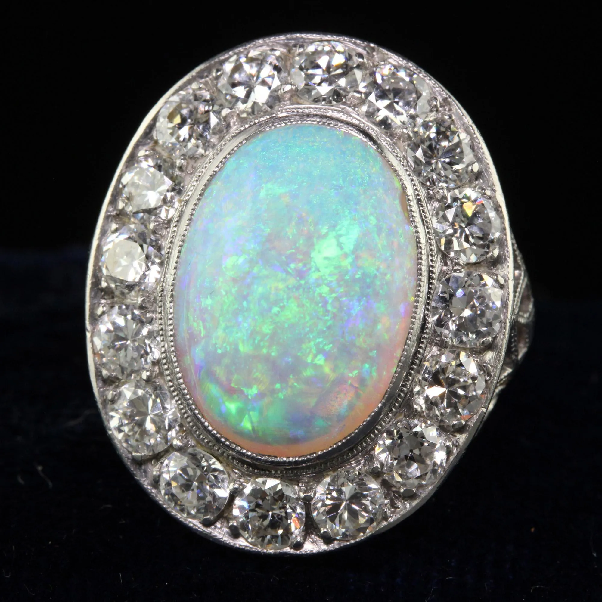 Antique Art Deco Platinum Opal and Old Euro Diamond Halo Cocktail Ring