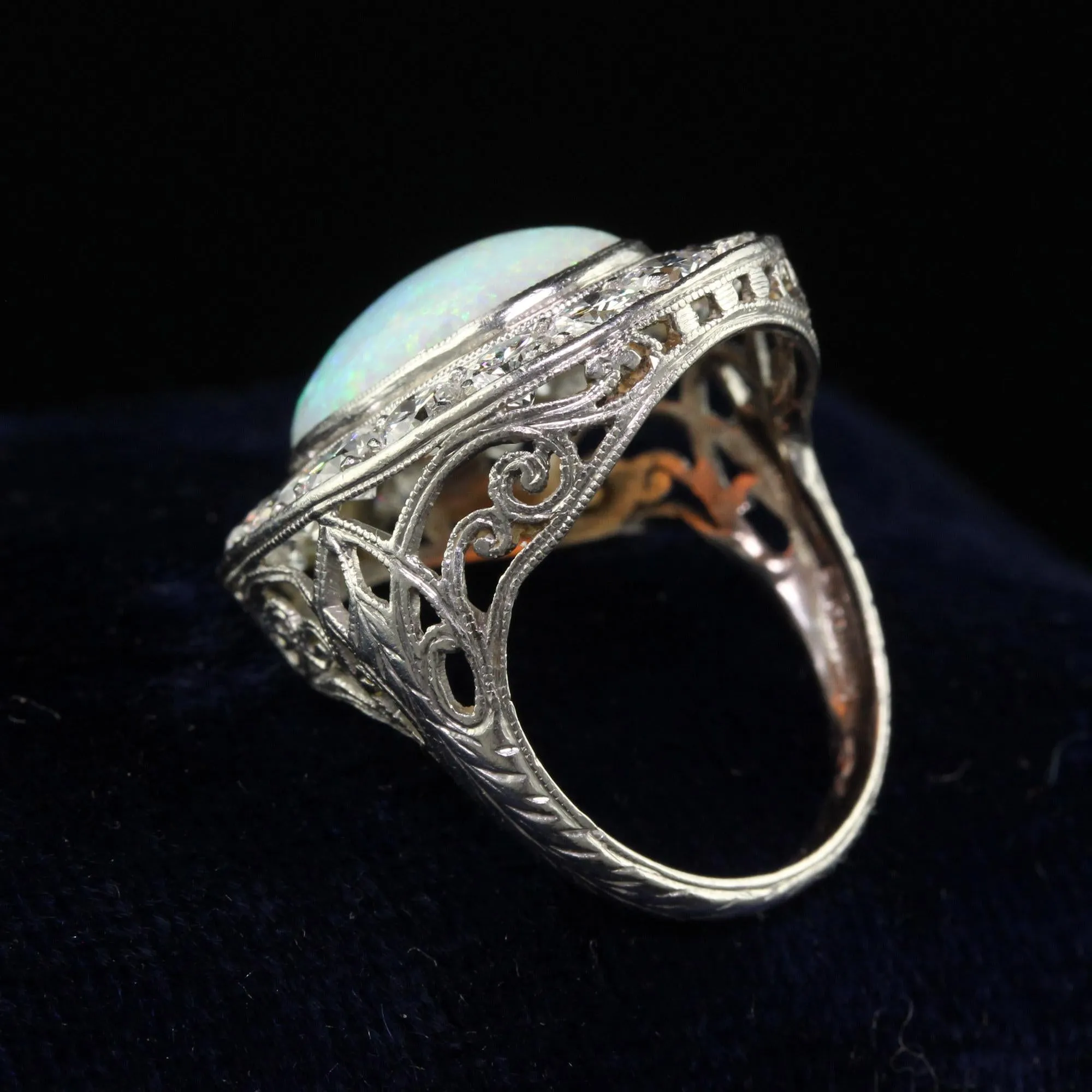Antique Art Deco Platinum Opal and Old Euro Diamond Halo Cocktail Ring