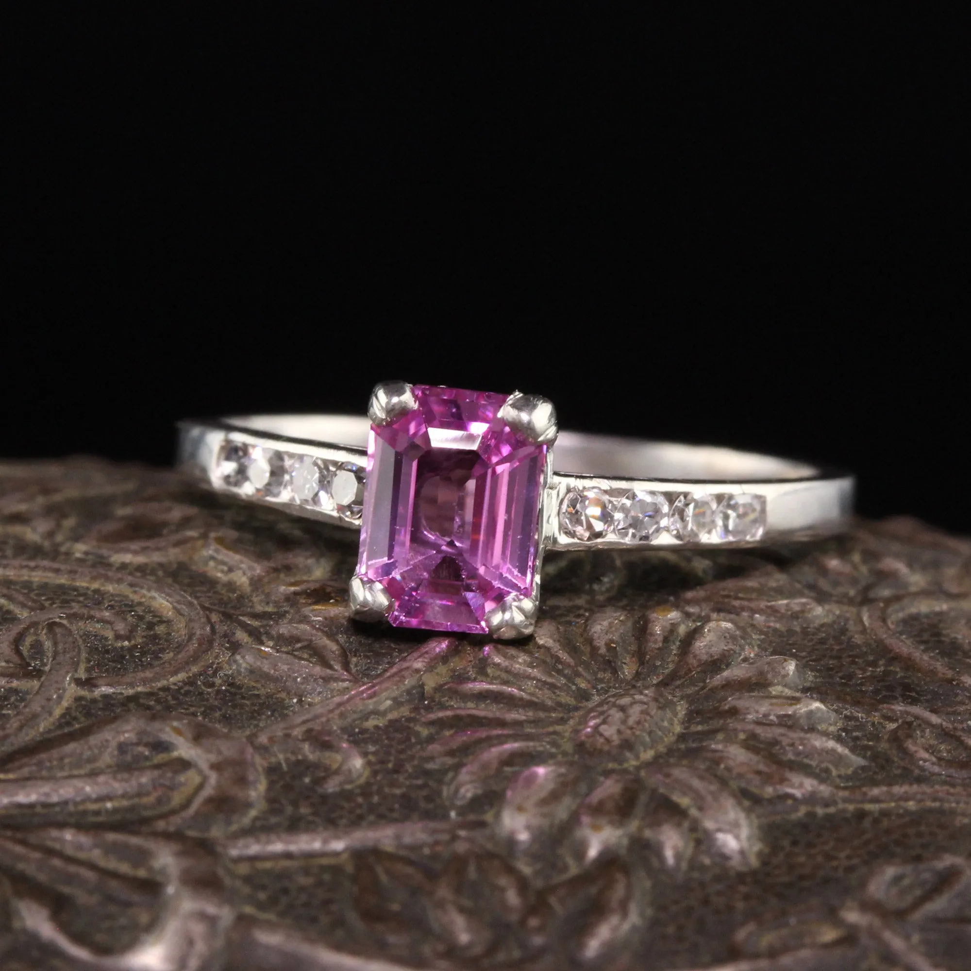 Antique Art Deco Platinum Pink Sapphire Diamond Engagement Ring