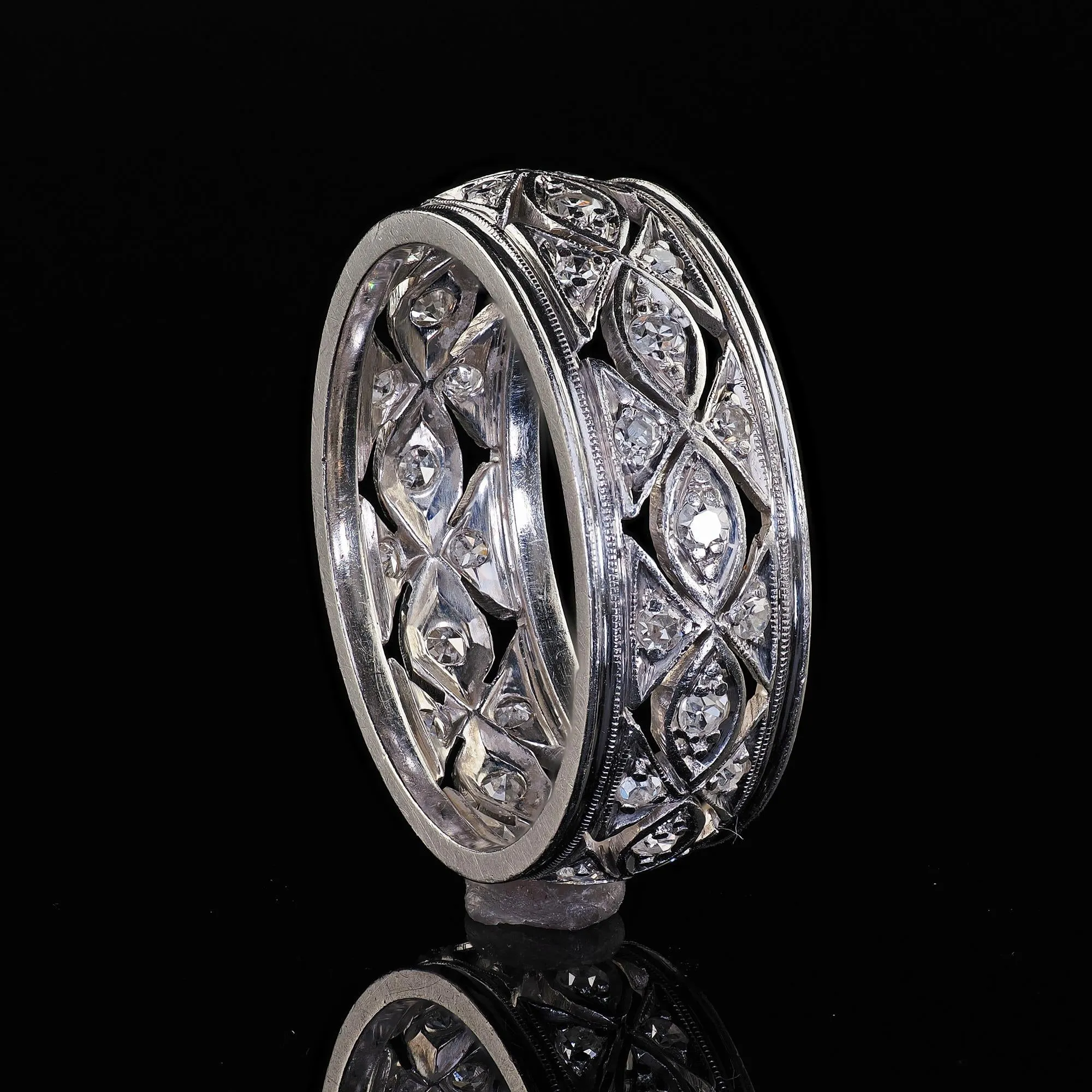 Antique Art Deco Platinum Single Cut Diamond Filigree Wide Eternity Band Ring