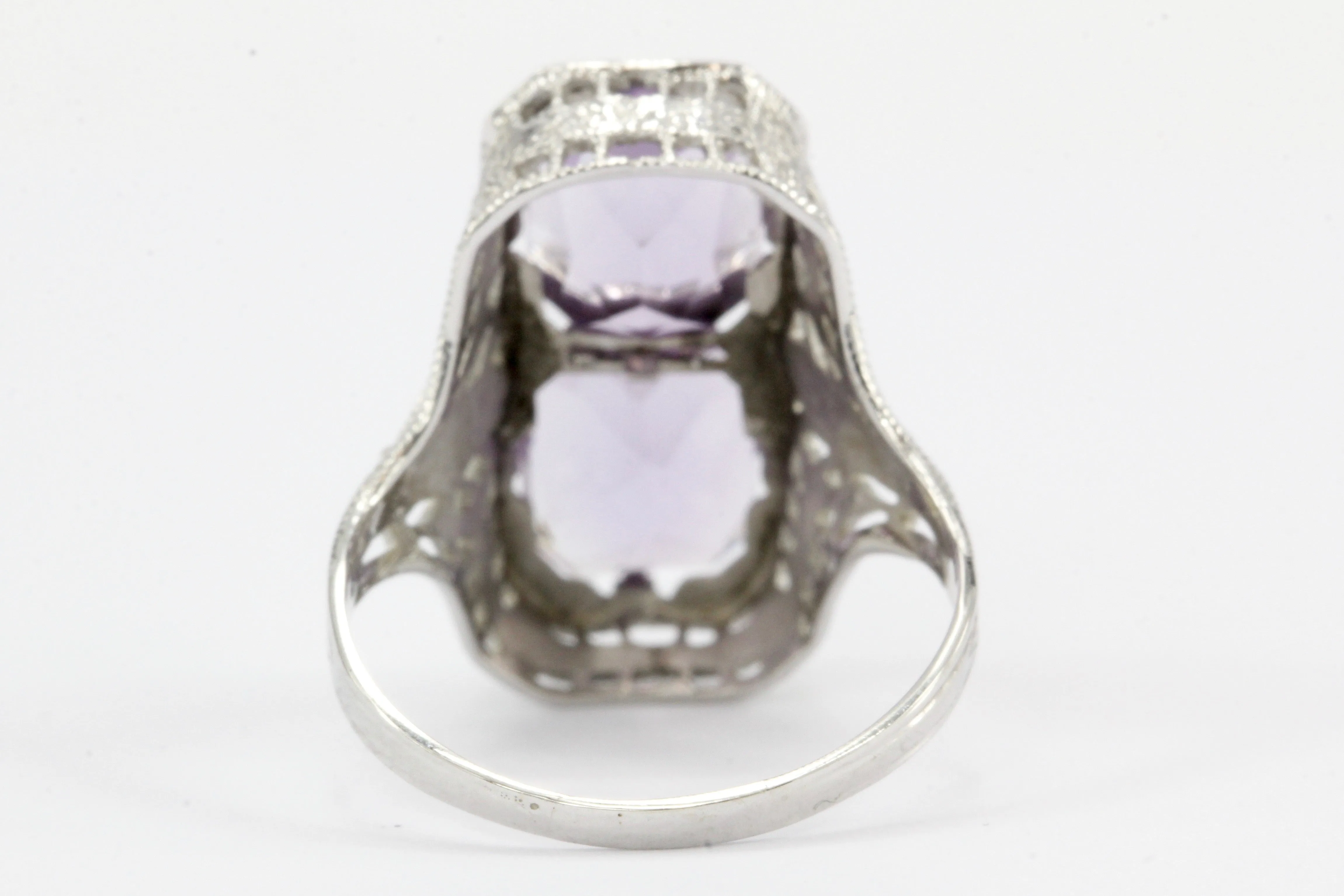 Art 14K White Gold Amethyst & Diamond Filigree Ring c.1920's