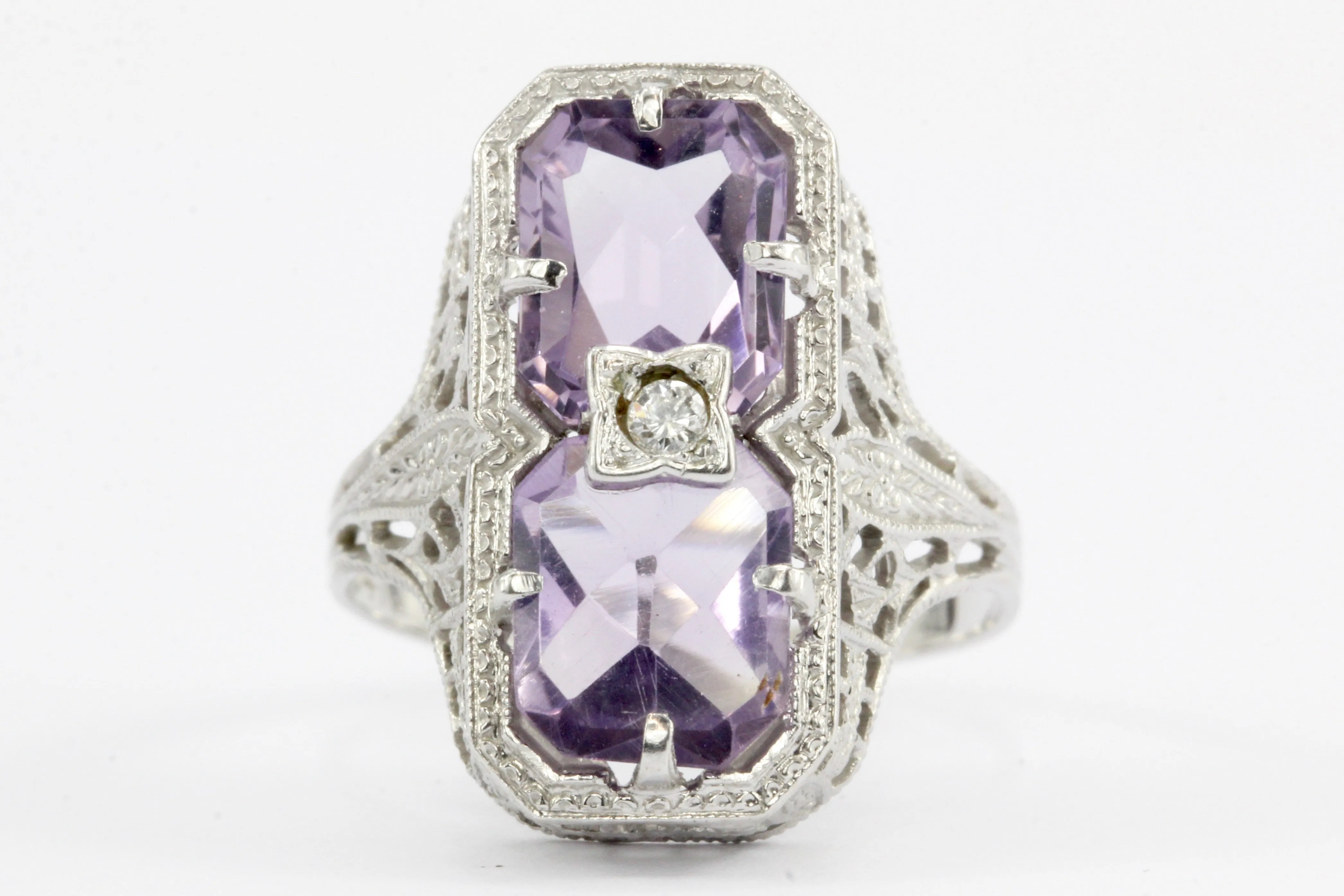 Art 14K White Gold Amethyst & Diamond Filigree Ring c.1920's