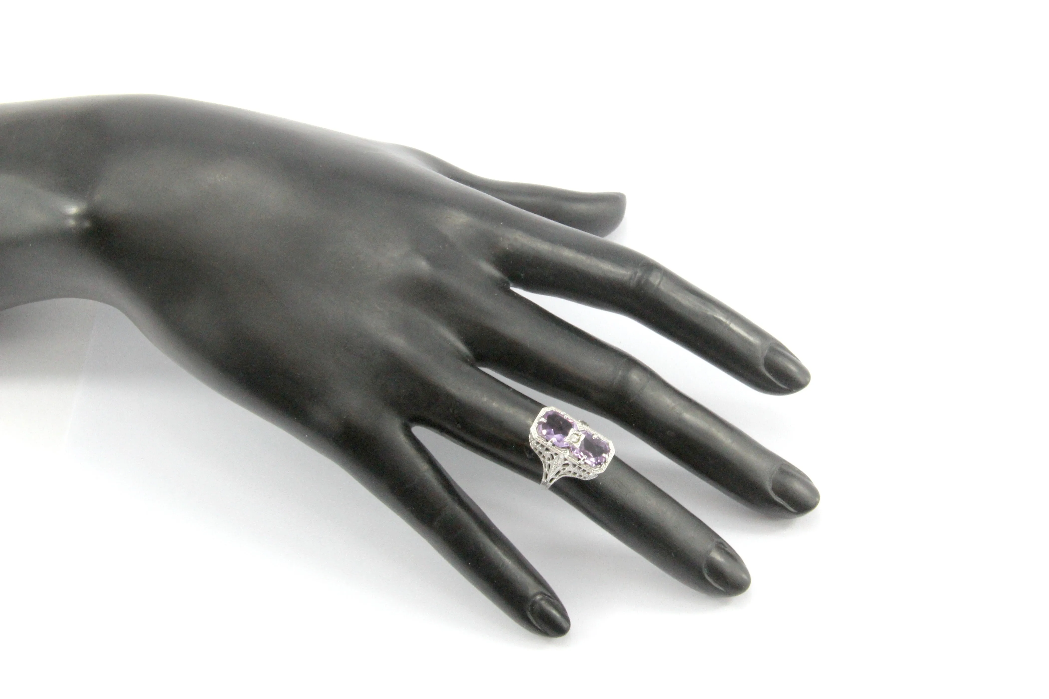 Art 14K White Gold Amethyst & Diamond Filigree Ring c.1920's