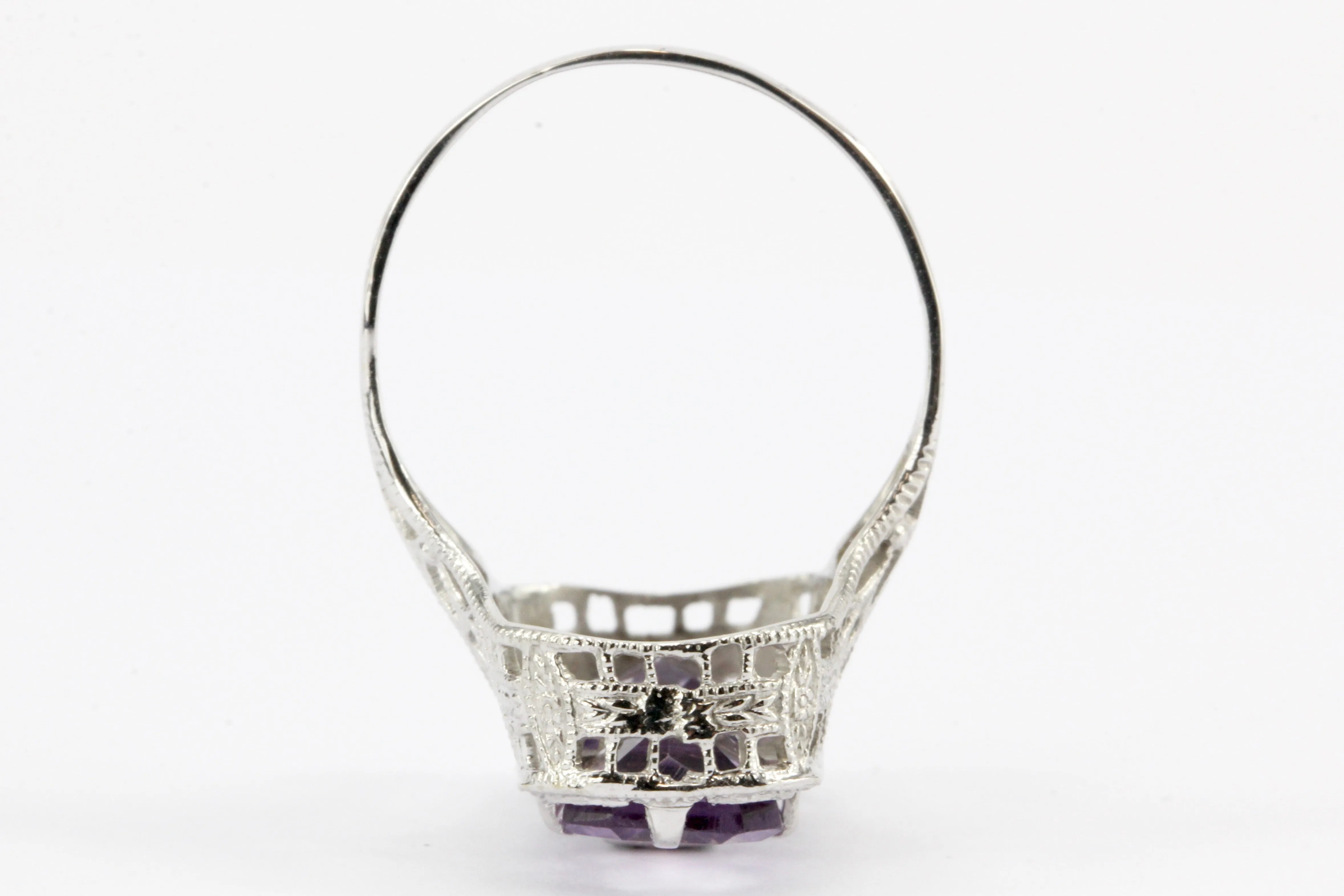 Art 14K White Gold Amethyst & Diamond Filigree Ring c.1920's