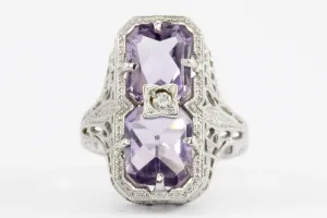 Art 14K White Gold Amethyst & Diamond Filigree Ring c.1920's