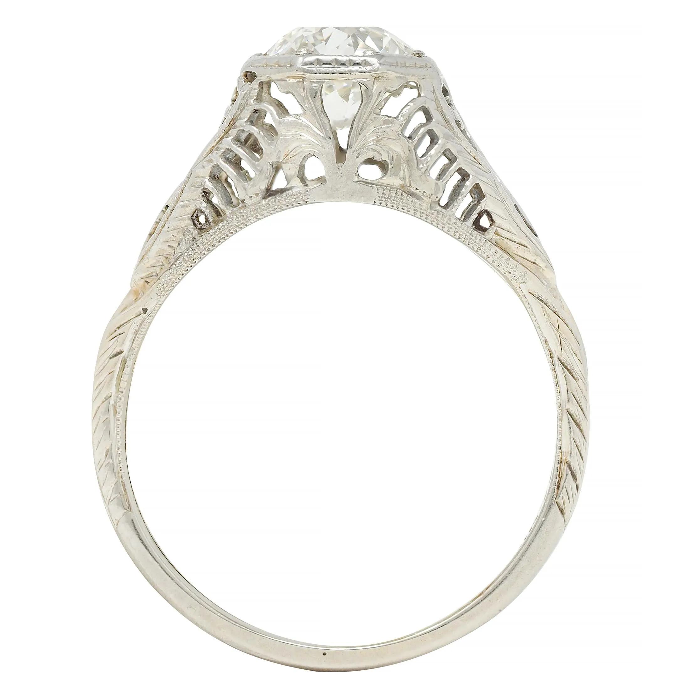 Art Deco 1.02 CTW Old European Diamond 18 Karat White Gold Foliate Antique Engagement Ring GIA