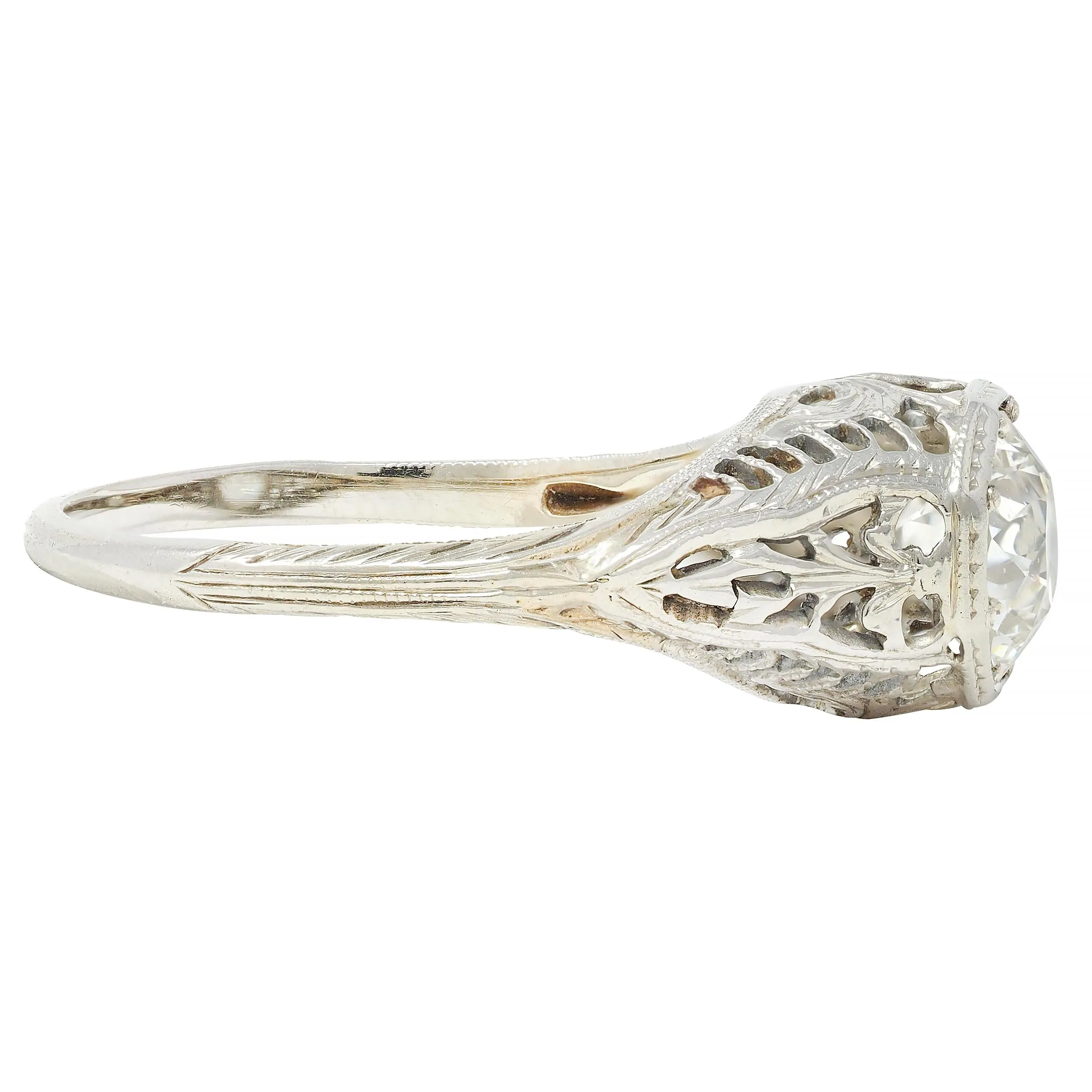 Art Deco 1.02 CTW Old European Diamond 18 Karat White Gold Foliate Antique Engagement Ring GIA