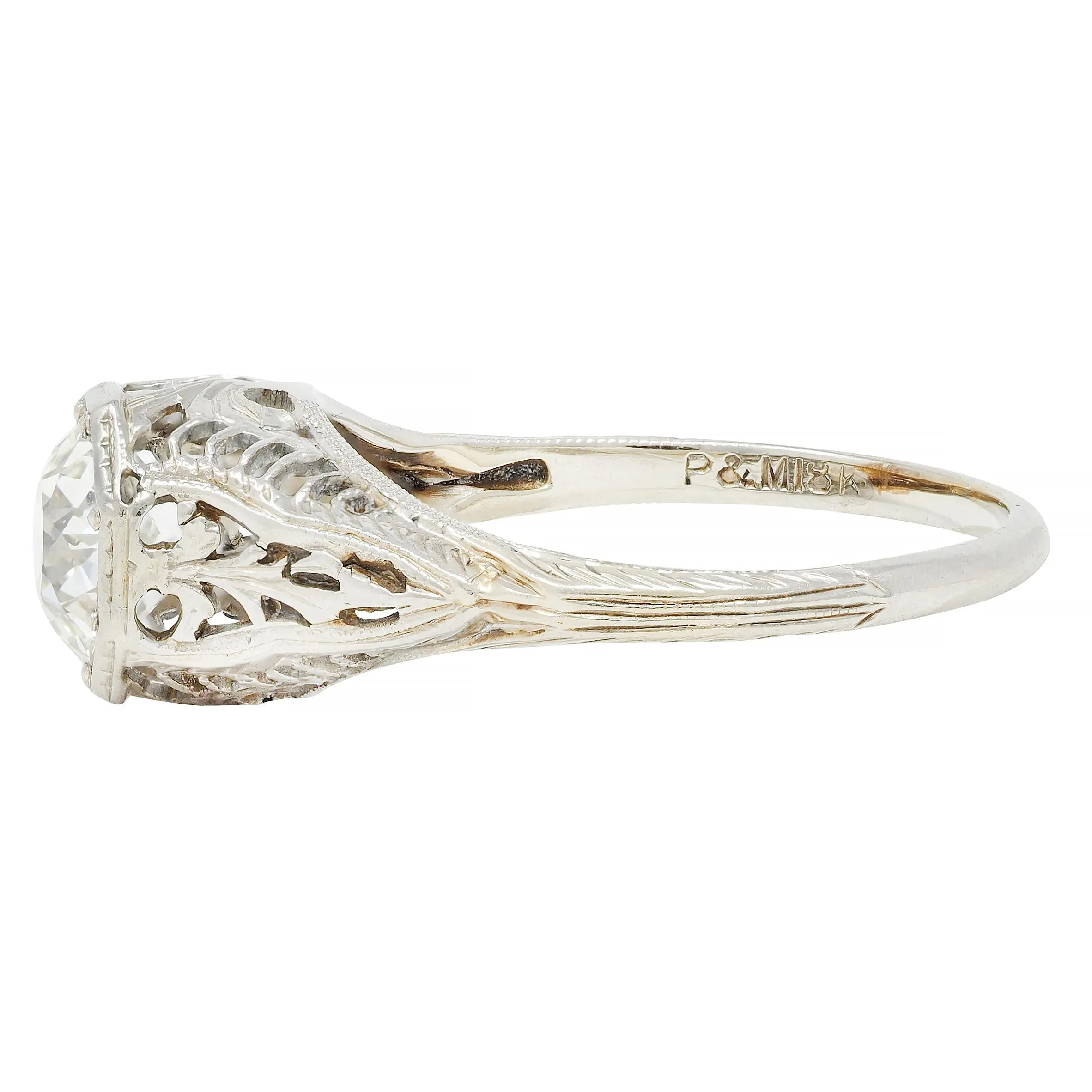 Art Deco 1.02 CTW Old European Diamond 18 Karat White Gold Foliate Antique Engagement Ring GIA