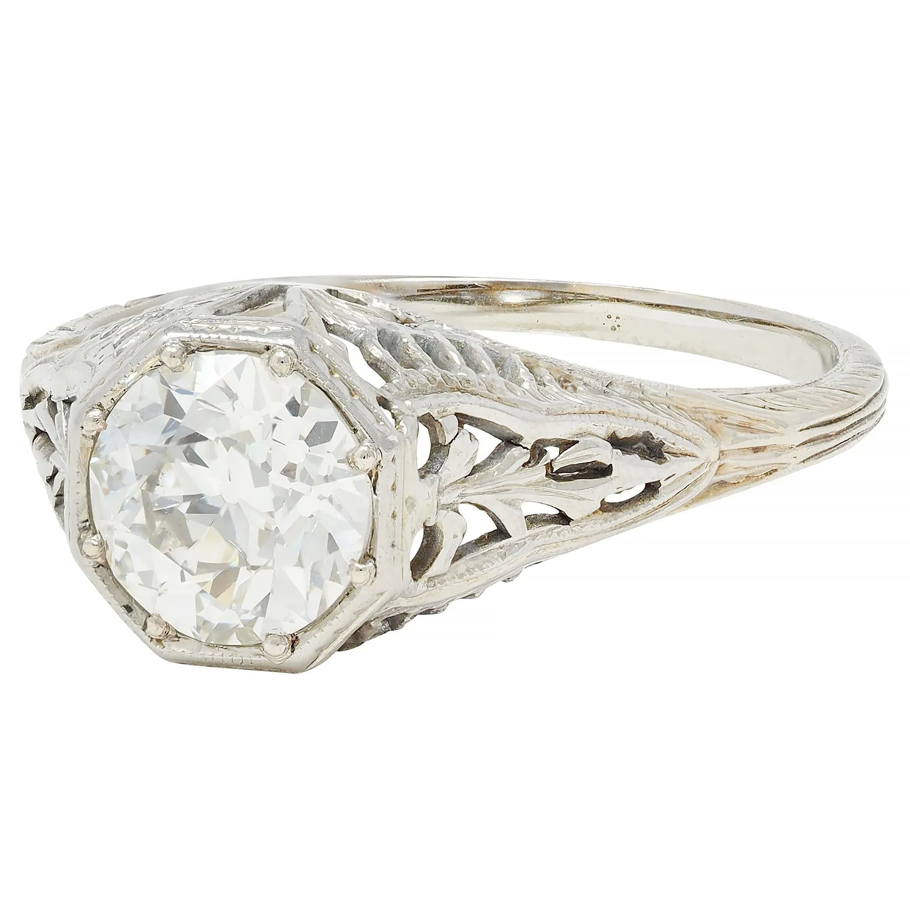 Art Deco 1.02 CTW Old European Diamond 18 Karat White Gold Foliate Antique Engagement Ring GIA