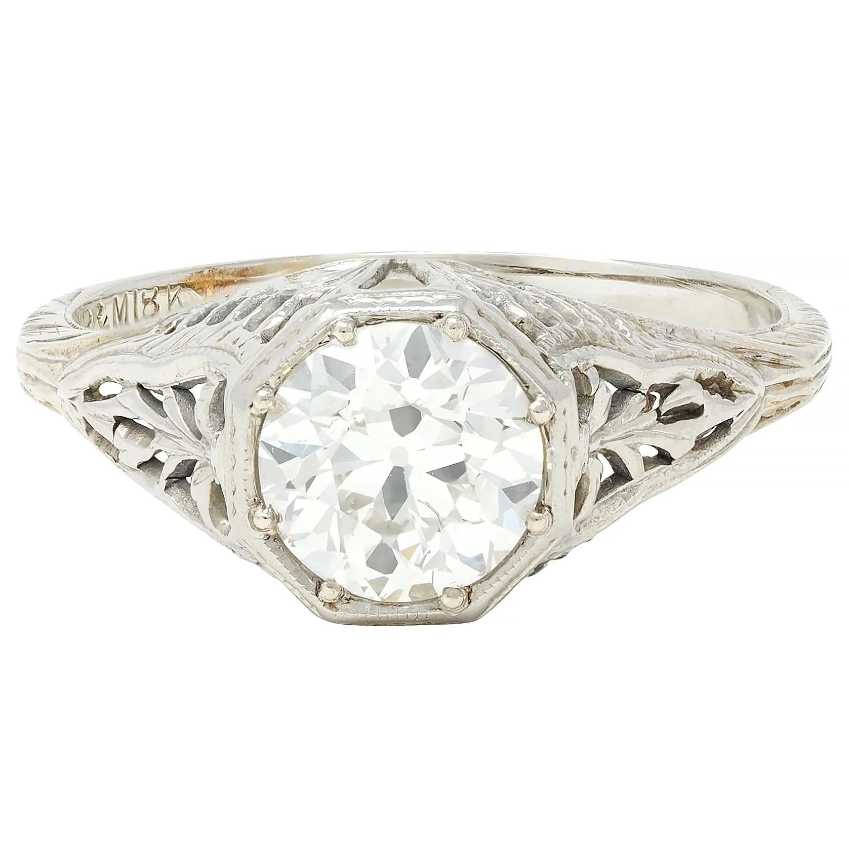 Art Deco 1.02 CTW Old European Diamond 18 Karat White Gold Foliate Antique Engagement Ring GIA