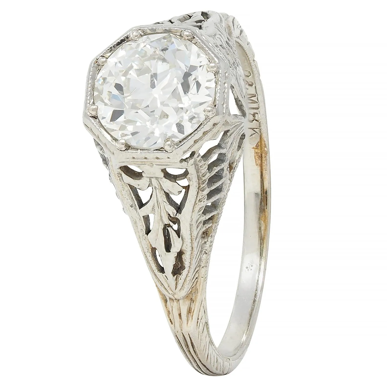 Art Deco 1.02 CTW Old European Diamond 18 Karat White Gold Foliate Antique Engagement Ring GIA