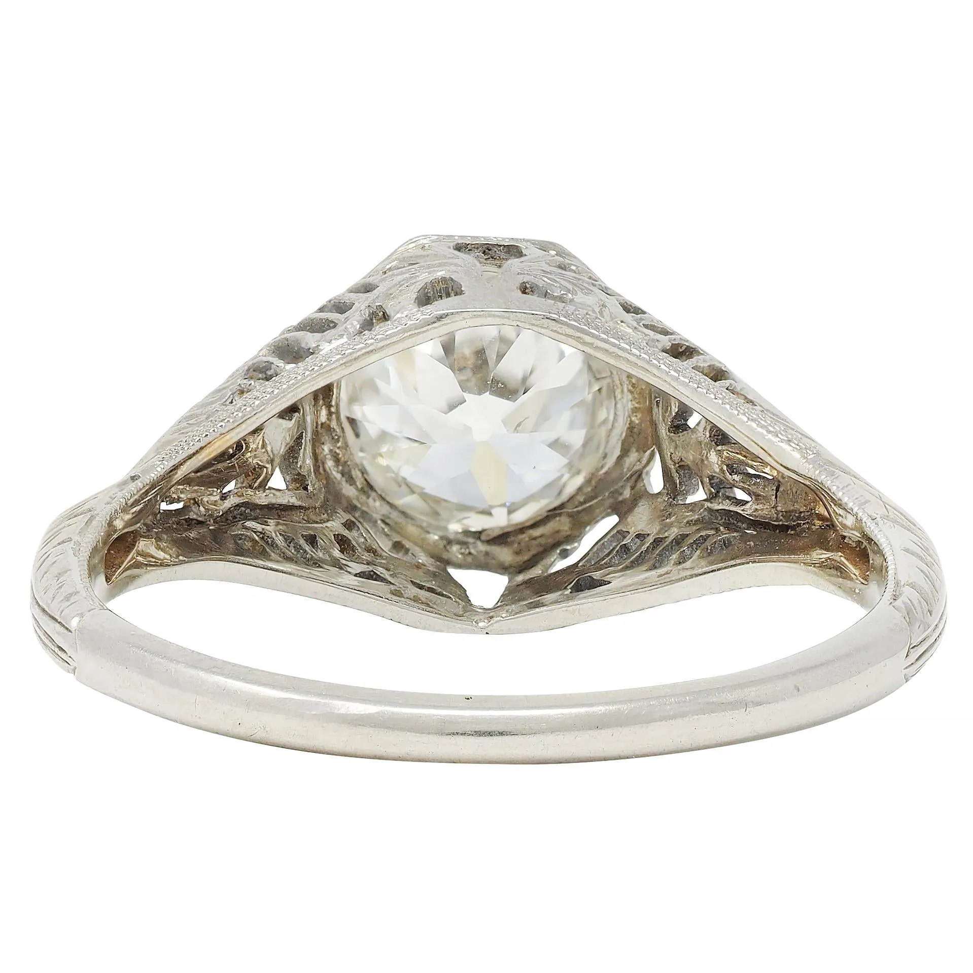 Art Deco 1.02 CTW Old European Diamond 18 Karat White Gold Foliate Antique Engagement Ring GIA