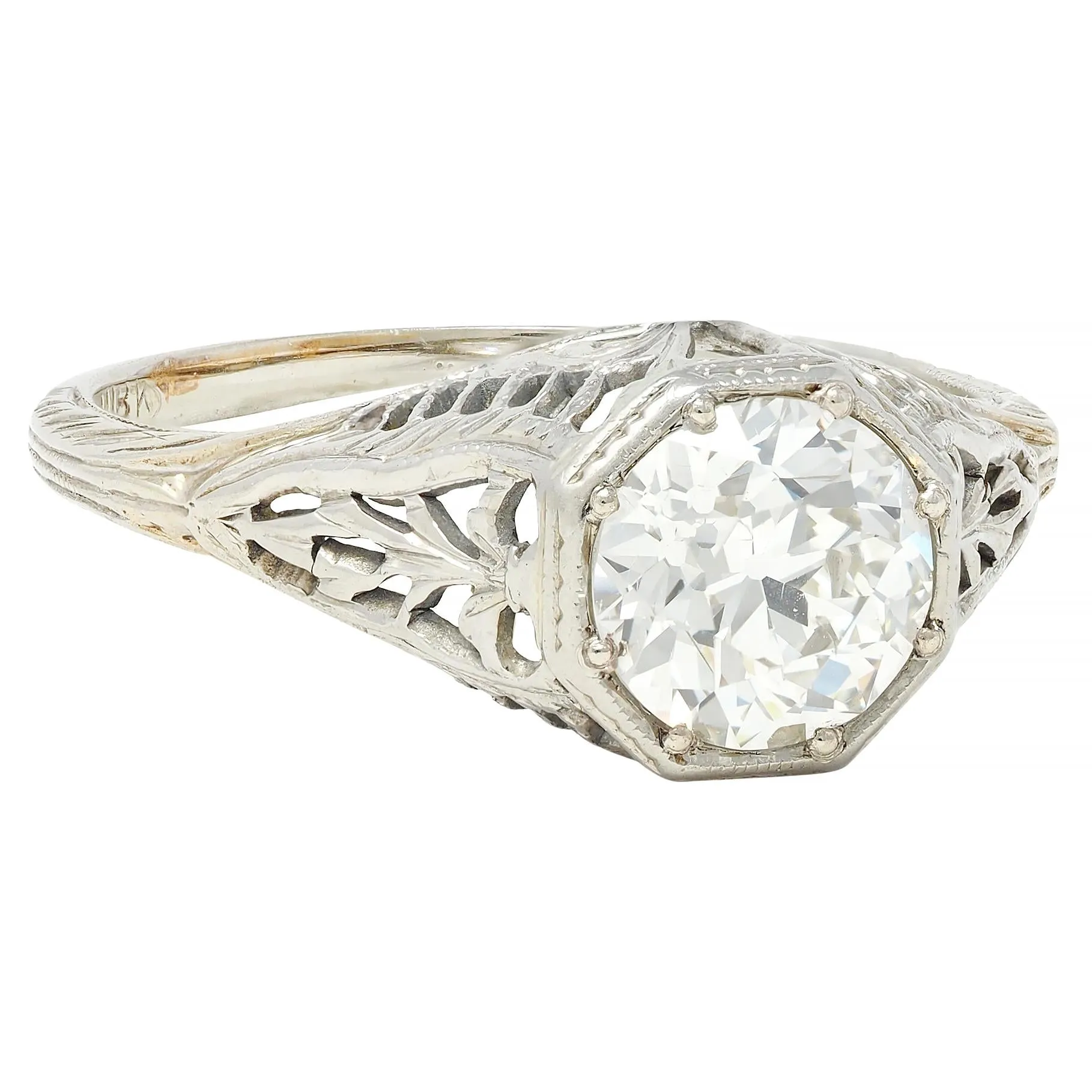 Art Deco 1.02 CTW Old European Diamond 18 Karat White Gold Foliate Antique Engagement Ring GIA