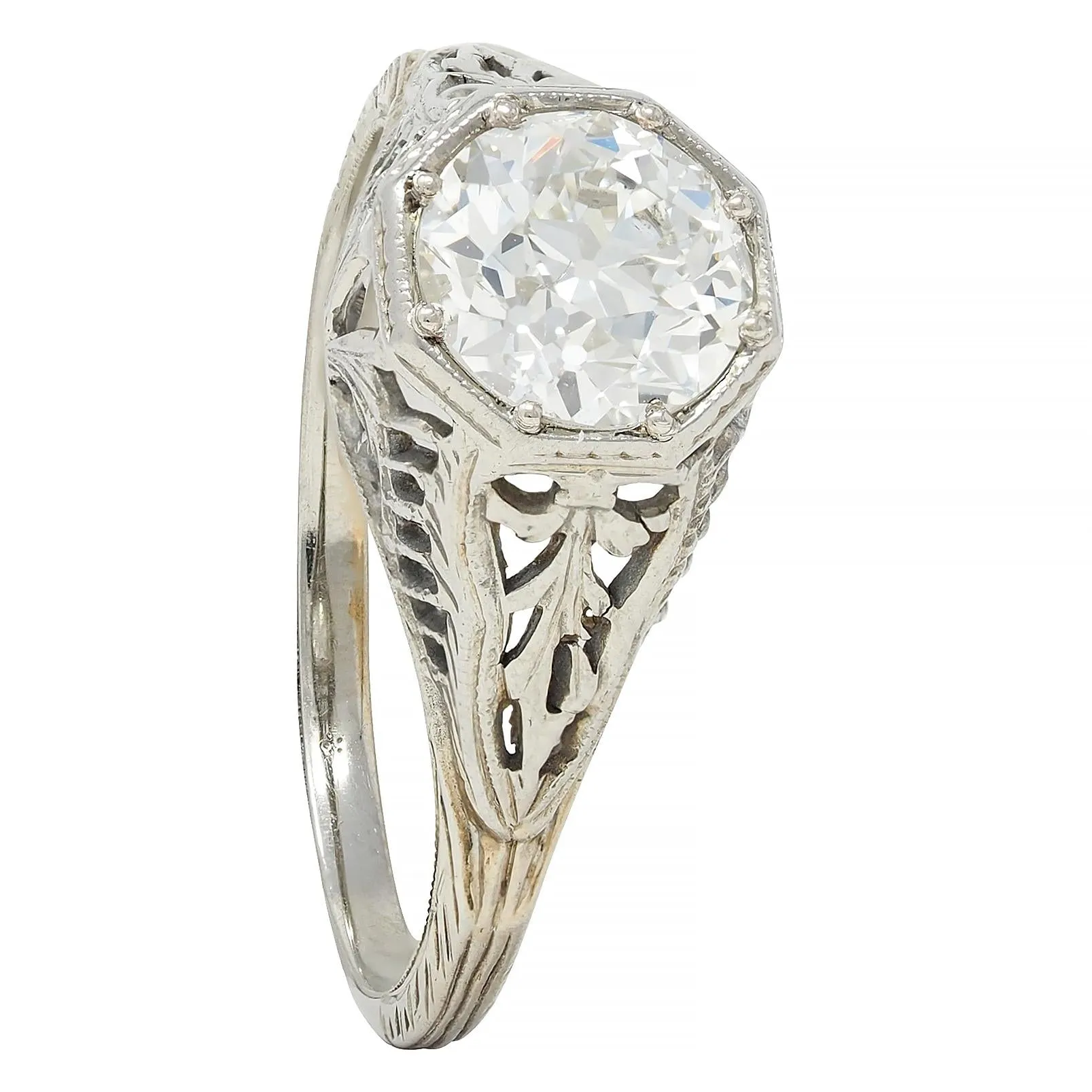Art Deco 1.02 CTW Old European Diamond 18 Karat White Gold Foliate Antique Engagement Ring GIA