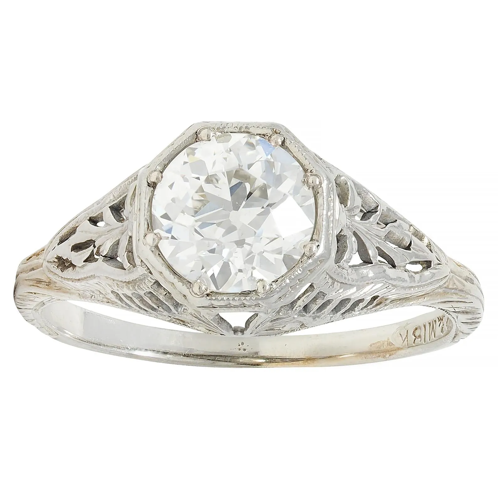 Art Deco 1.02 CTW Old European Diamond 18 Karat White Gold Foliate Antique Engagement Ring GIA