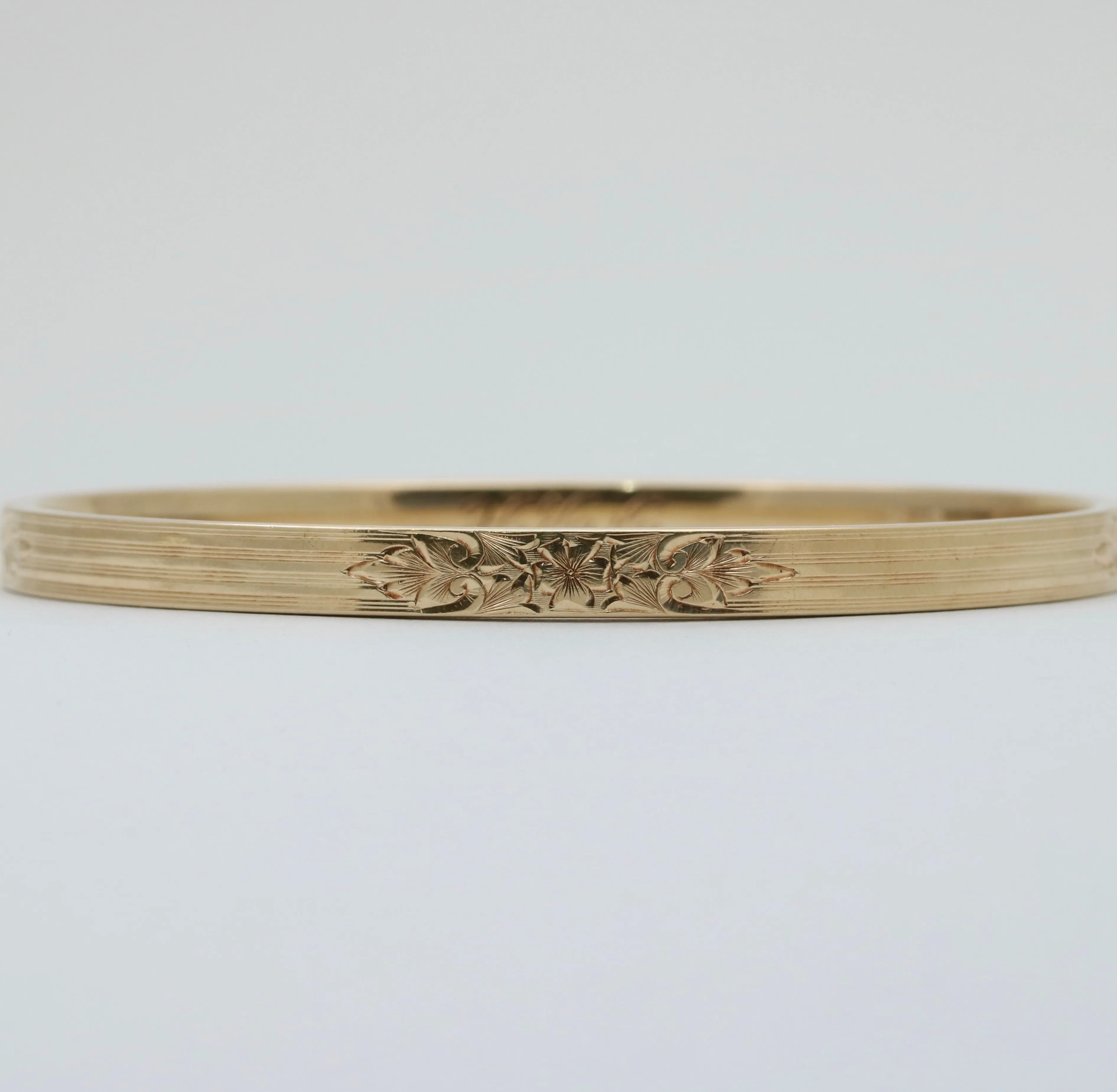 Art Deco 14K Gold Chased Floral Bangle Bracelet, 7.5” Circumference