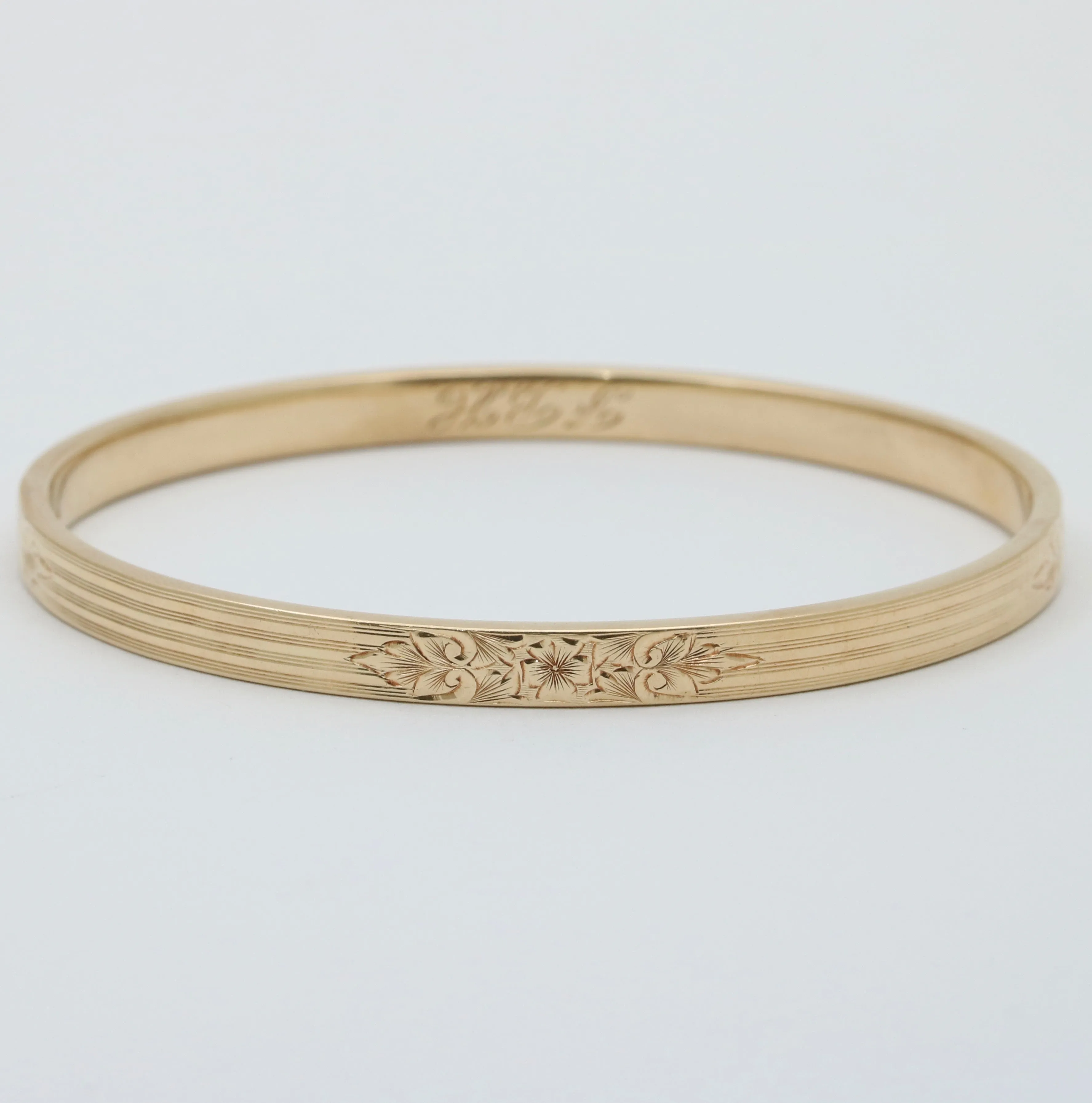 Art Deco 14K Gold Chased Floral Bangle Bracelet, 7.5” Circumference