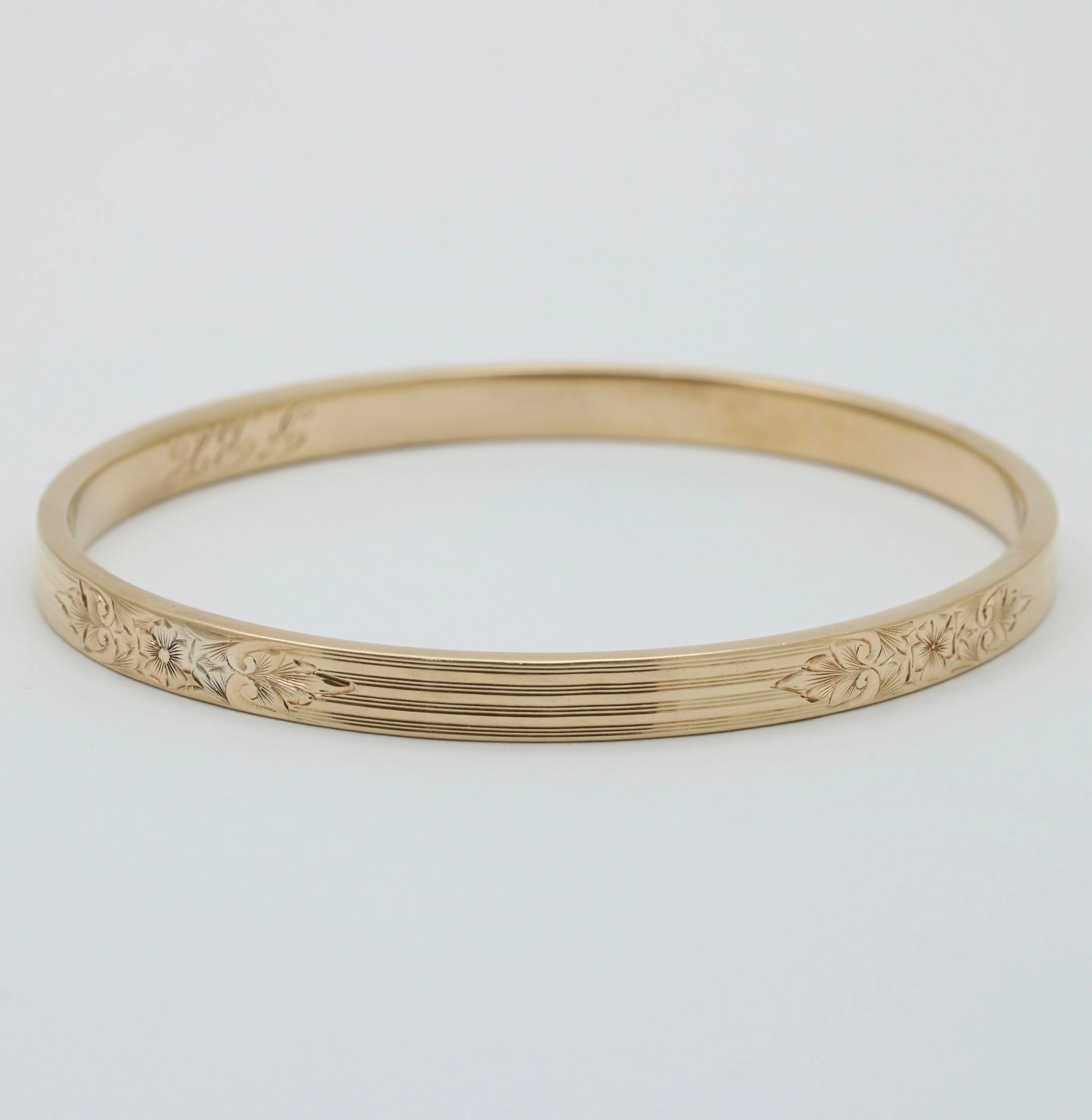 Art Deco 14K Gold Chased Floral Bangle Bracelet, 7.5” Circumference