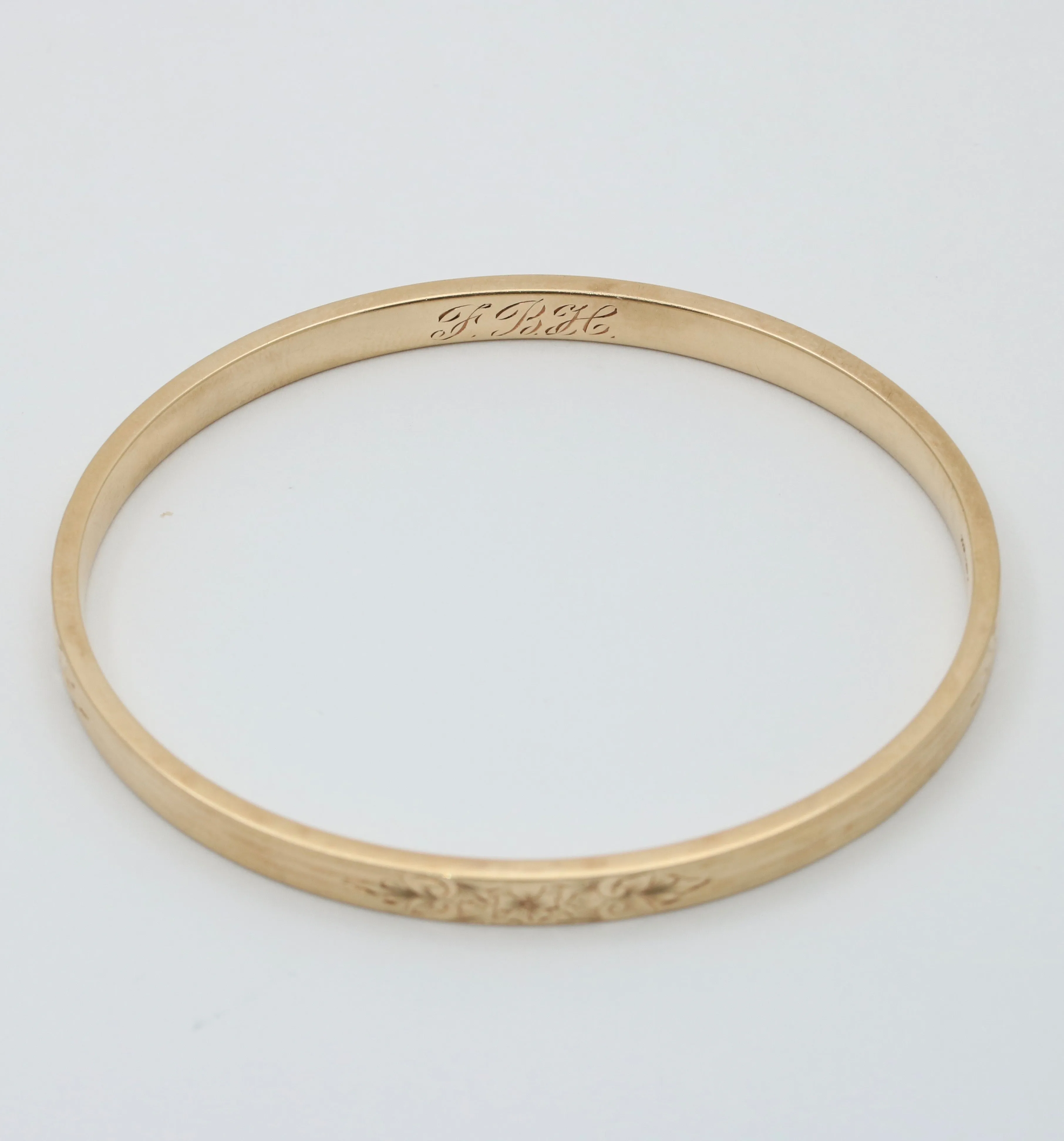 Art Deco 14K Gold Chased Floral Bangle Bracelet, 7.5” Circumference