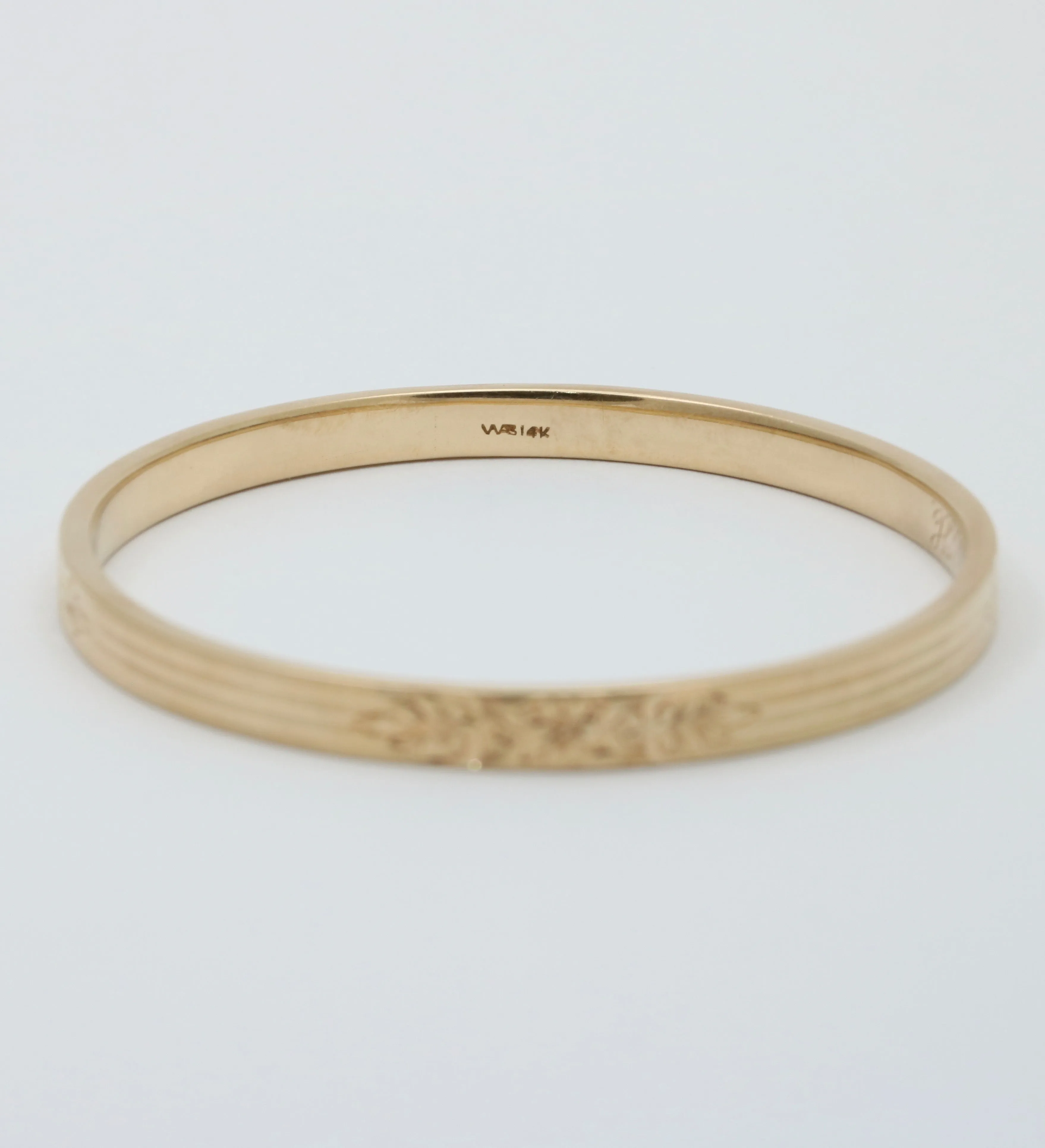 Art Deco 14K Gold Chased Floral Bangle Bracelet, 7.5” Circumference