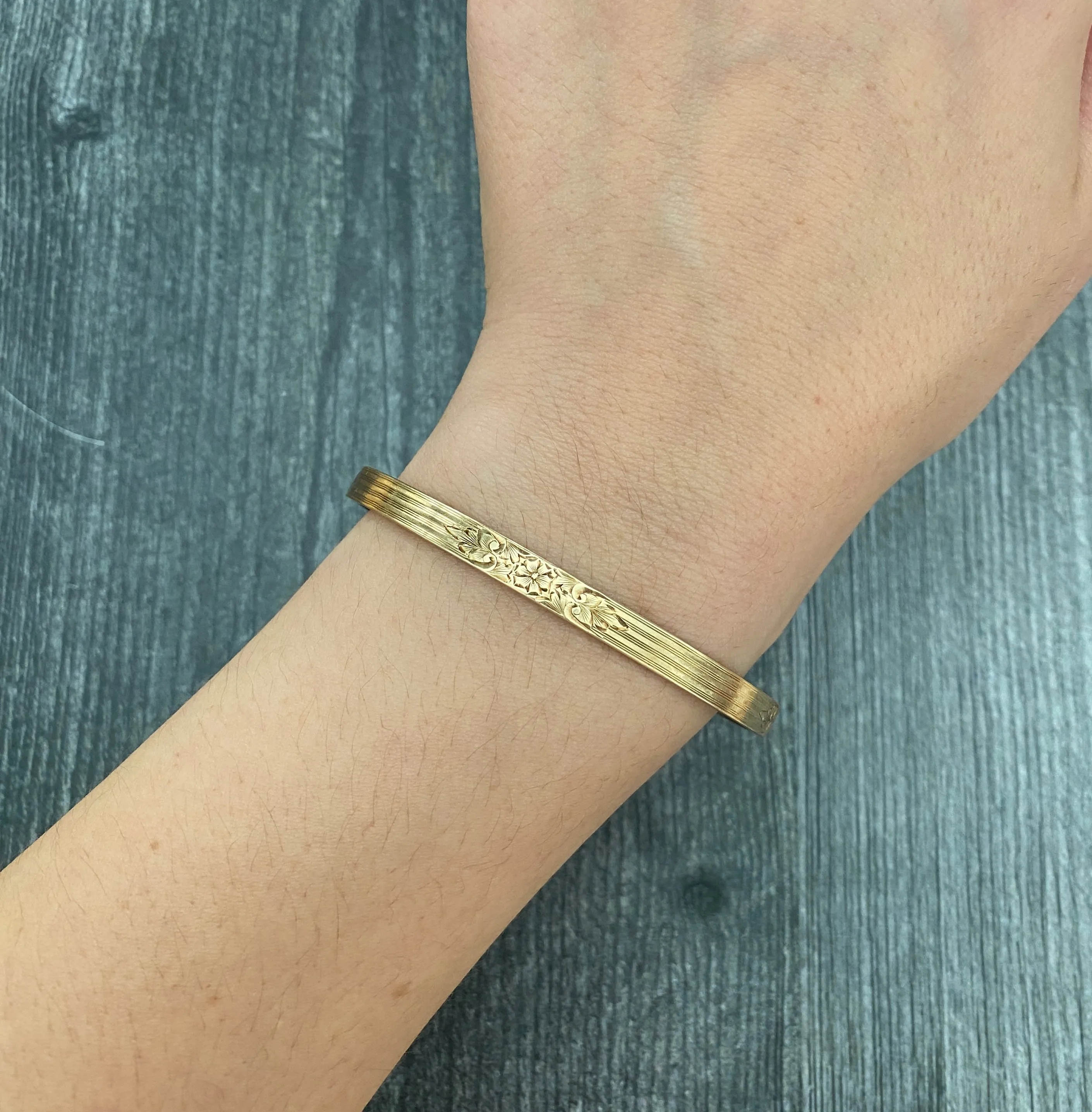 Art Deco 14K Gold Chased Floral Bangle Bracelet, 7.5” Circumference