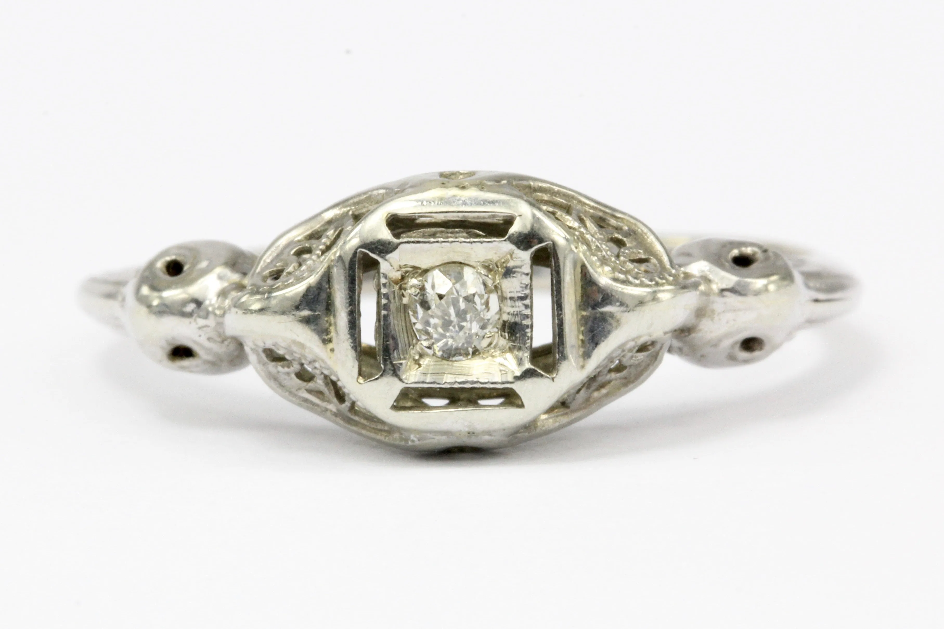 Art Deco 14K White Gold .04 CT Diamond Engagement Ring Size 6.75