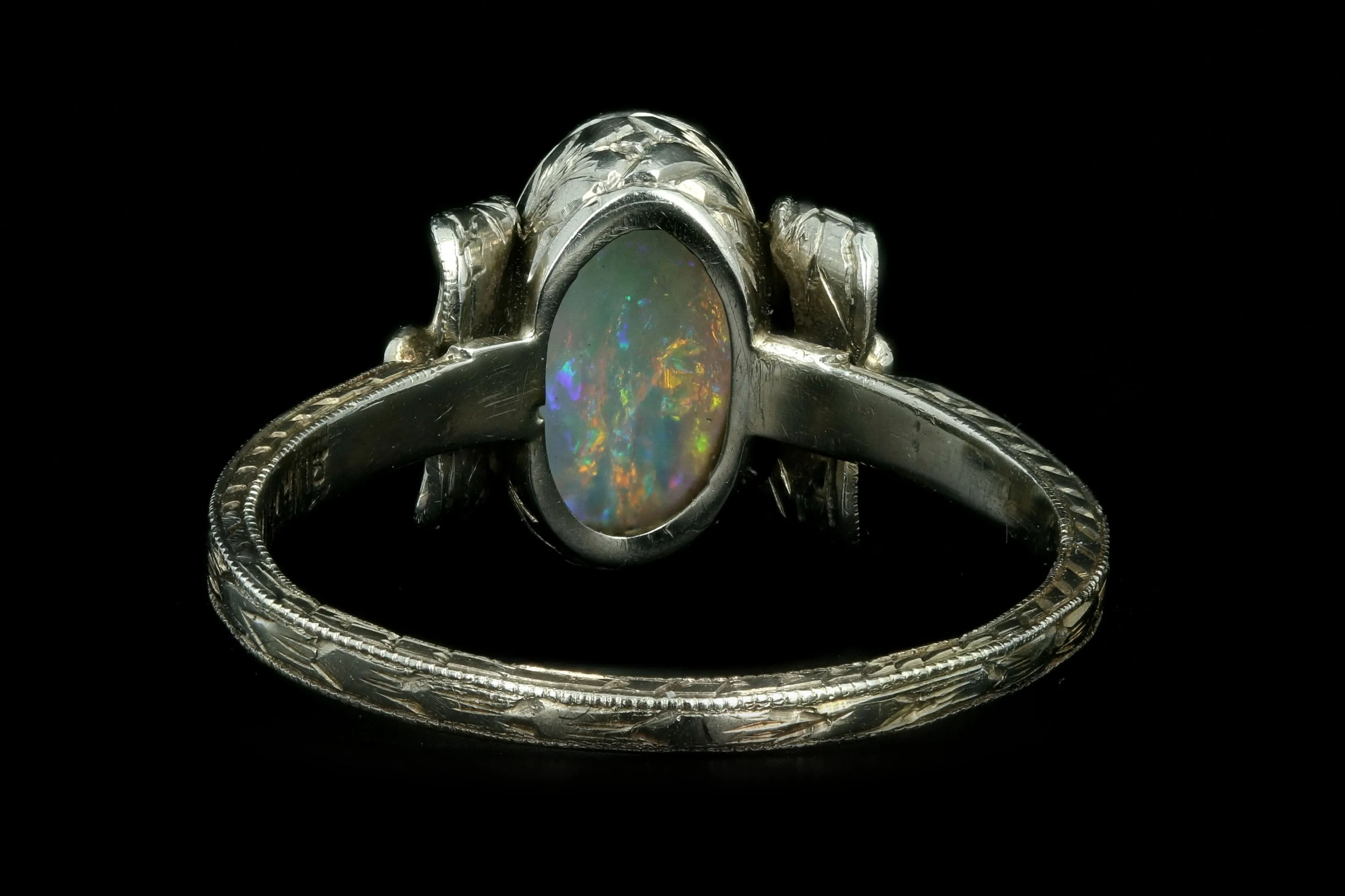 Art Deco 14K White Gold 1 Carat Oval Cabochon Cut Natural Opal Ring