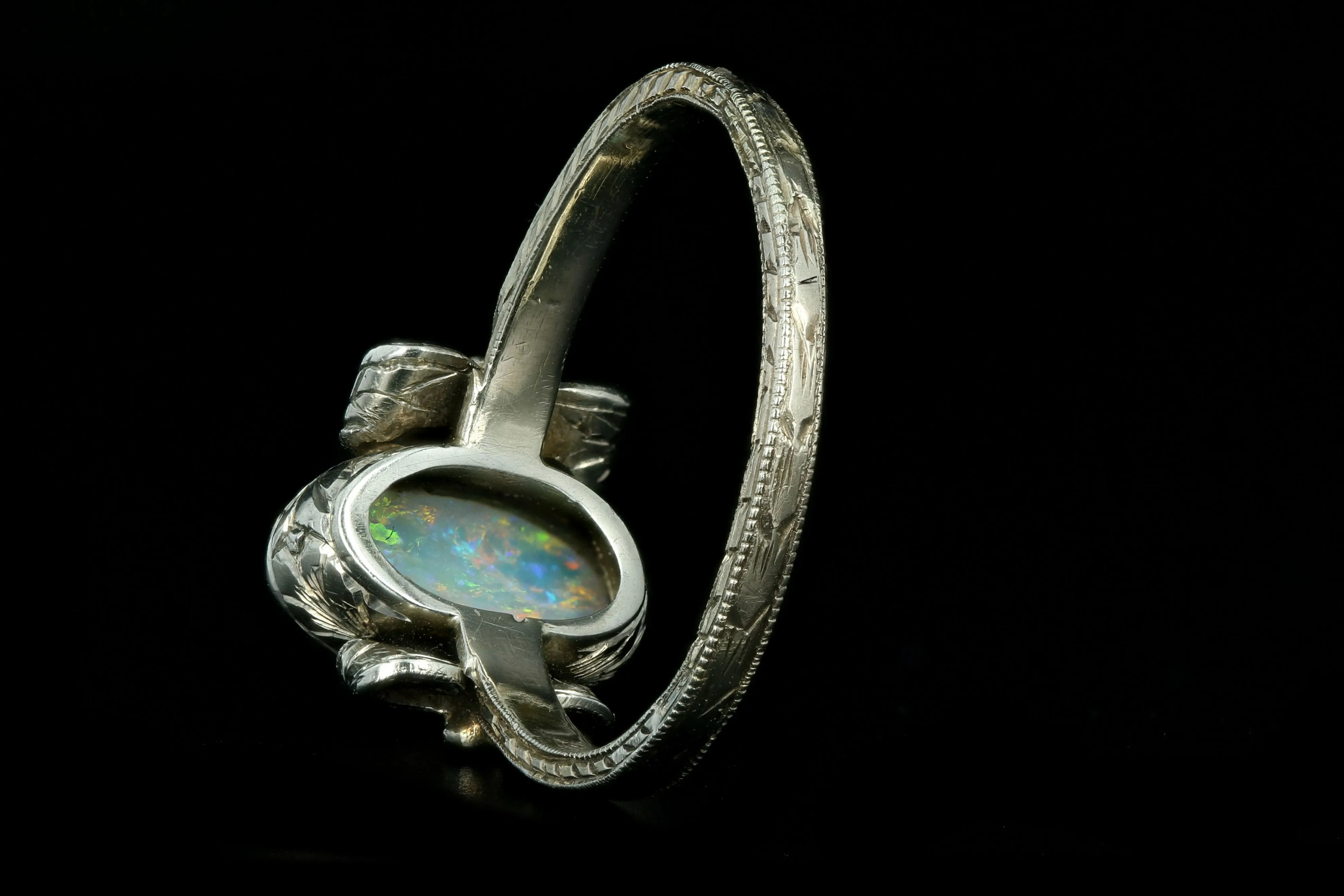 Art Deco 14K White Gold 1 Carat Oval Cabochon Cut Natural Opal Ring