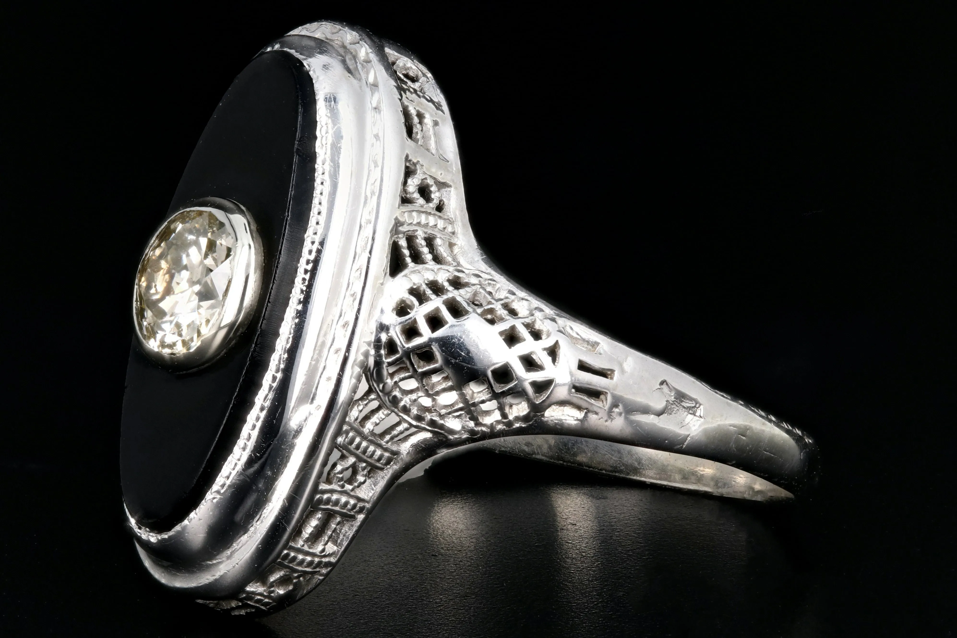 Art Deco 14K White Gold .25CT Old European Cut Diamond and Oynx Filigree Ring