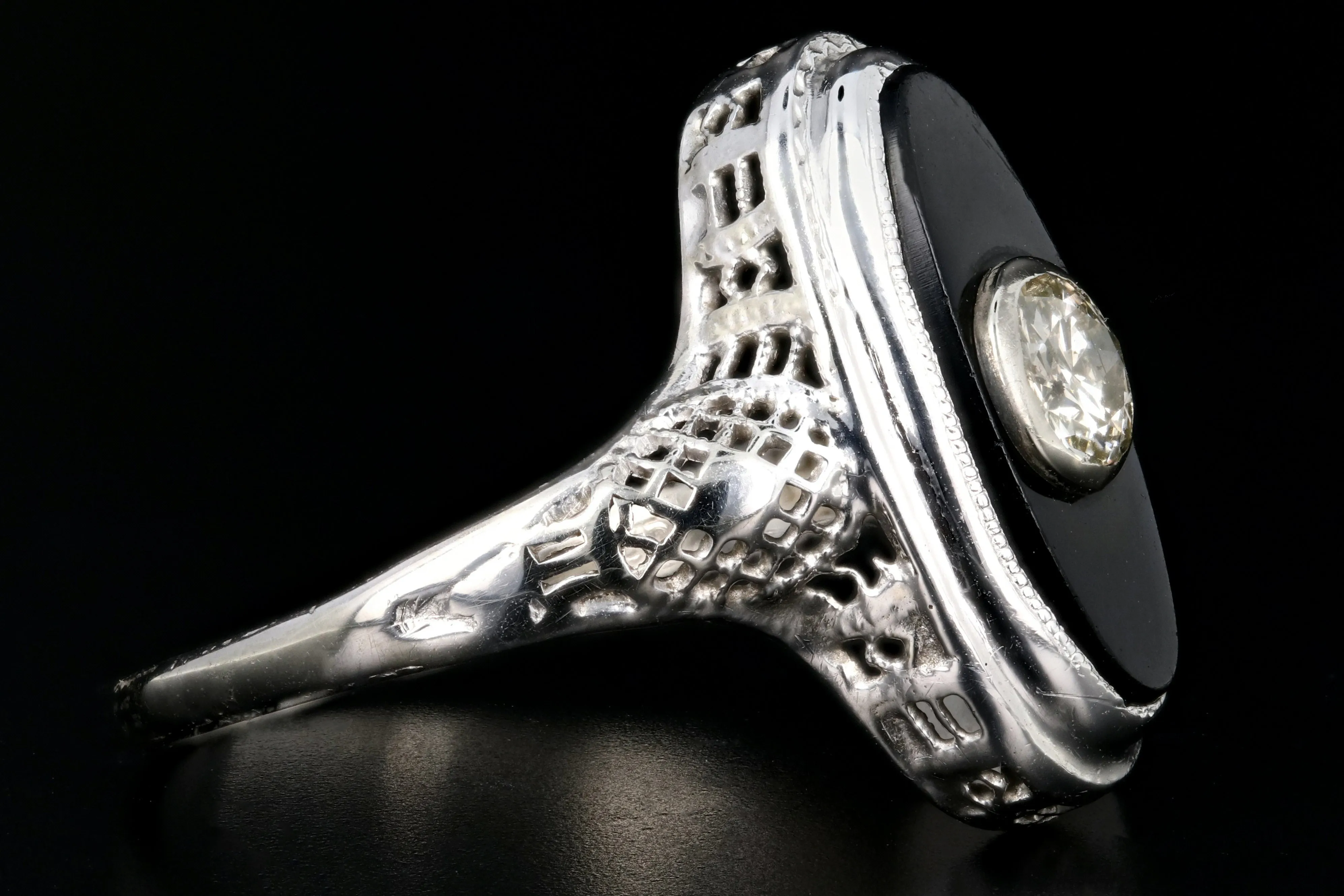 Art Deco 14K White Gold .25CT Old European Cut Diamond and Oynx Filigree Ring