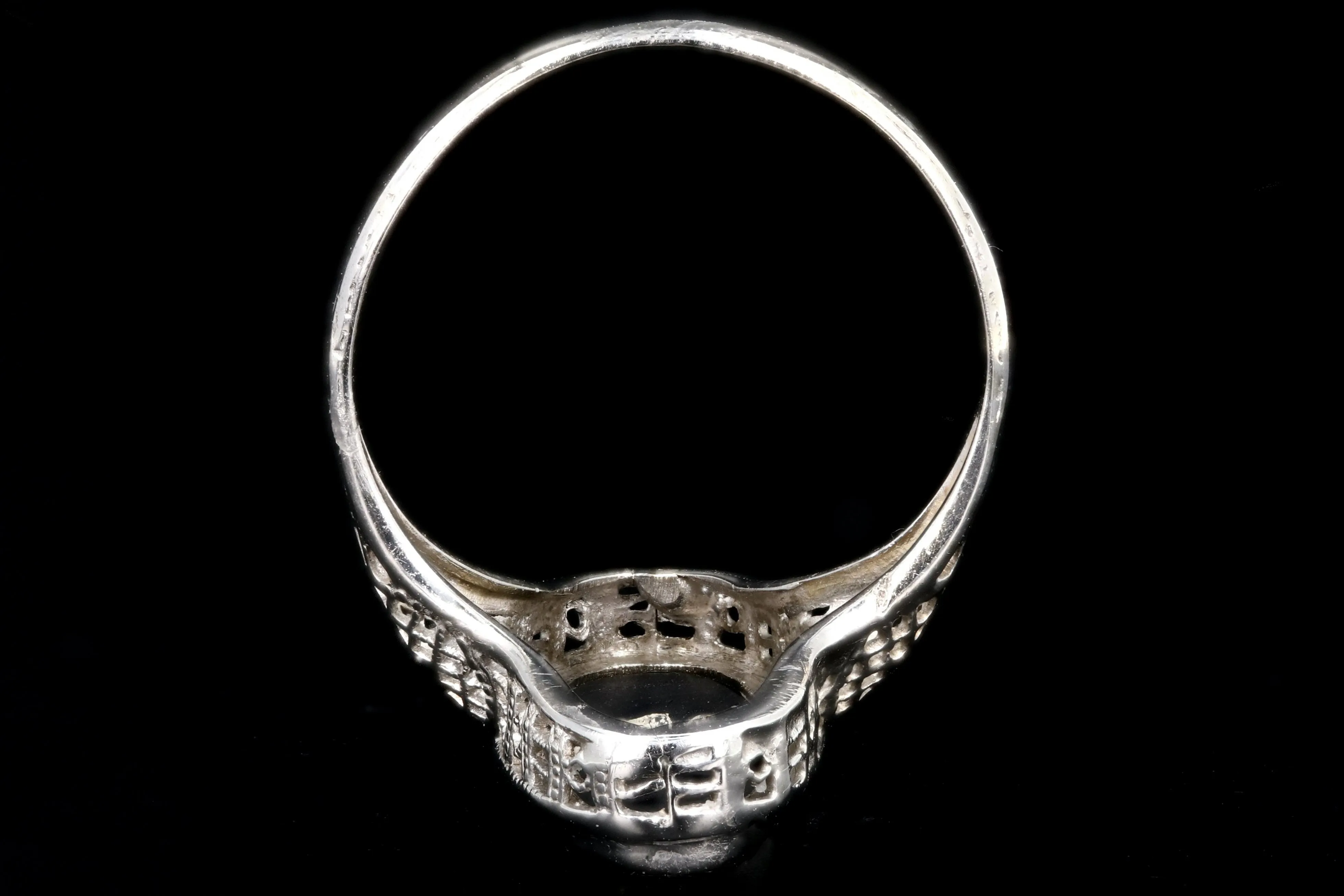 Art Deco 14K White Gold .25CT Old European Cut Diamond and Oynx Filigree Ring