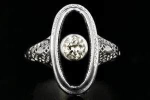 Art Deco 14K White Gold .25CT Old European Cut Diamond and Oynx Filigree Ring