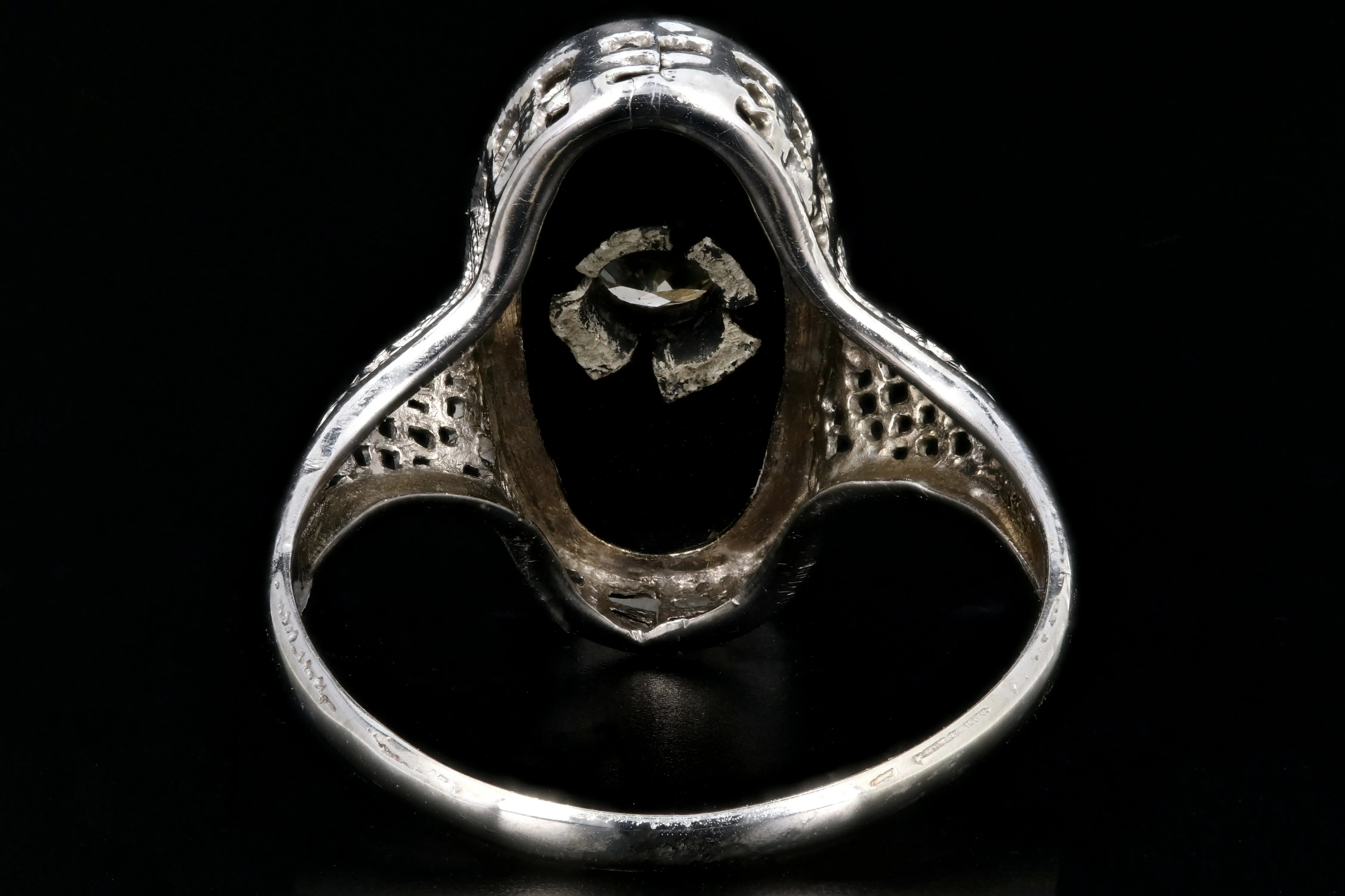 Art Deco 14K White Gold .25CT Old European Cut Diamond and Oynx Filigree Ring