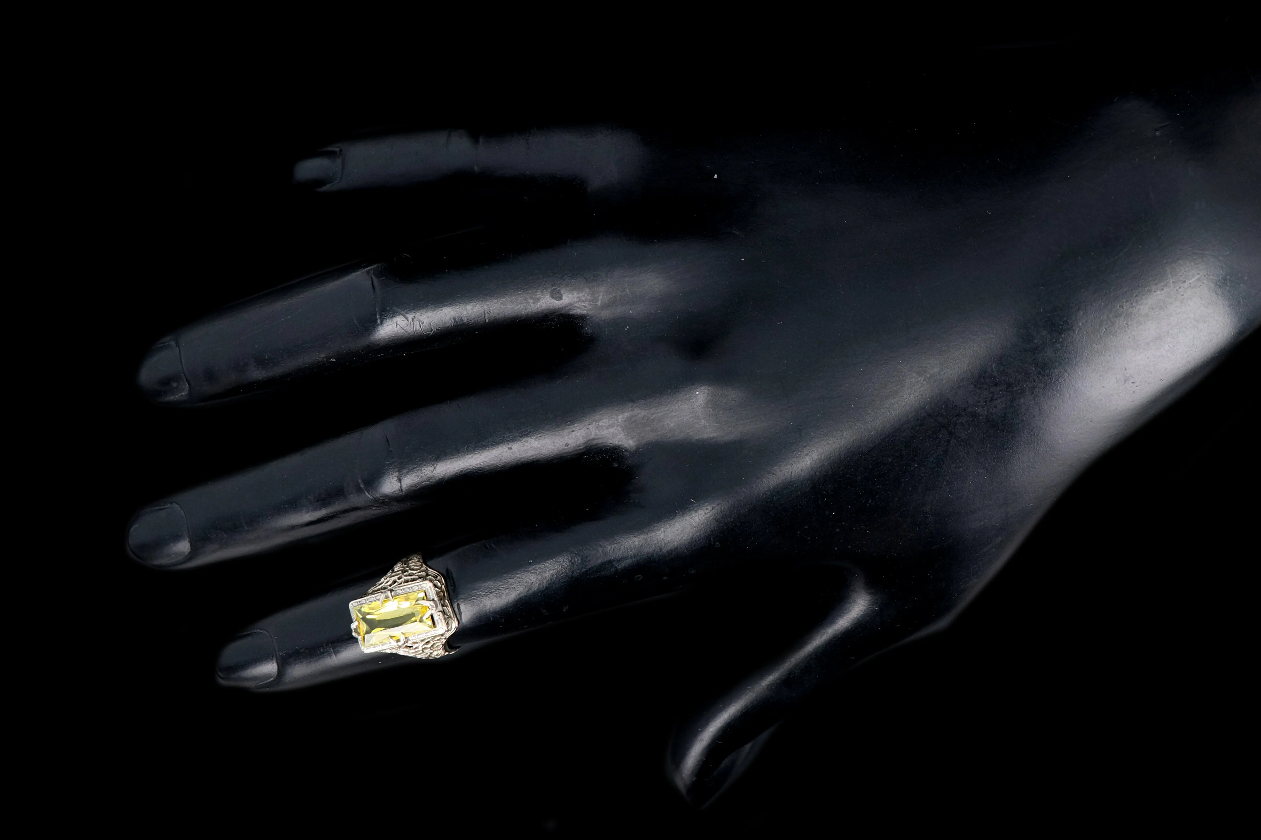 Art Deco 14K White Gold 3 CTR Synthetic Yellow Sapphire Ring