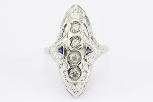 Art Deco 14K White Gold 4 Stone Diamond & Sapphire Shield Ring c.1930's