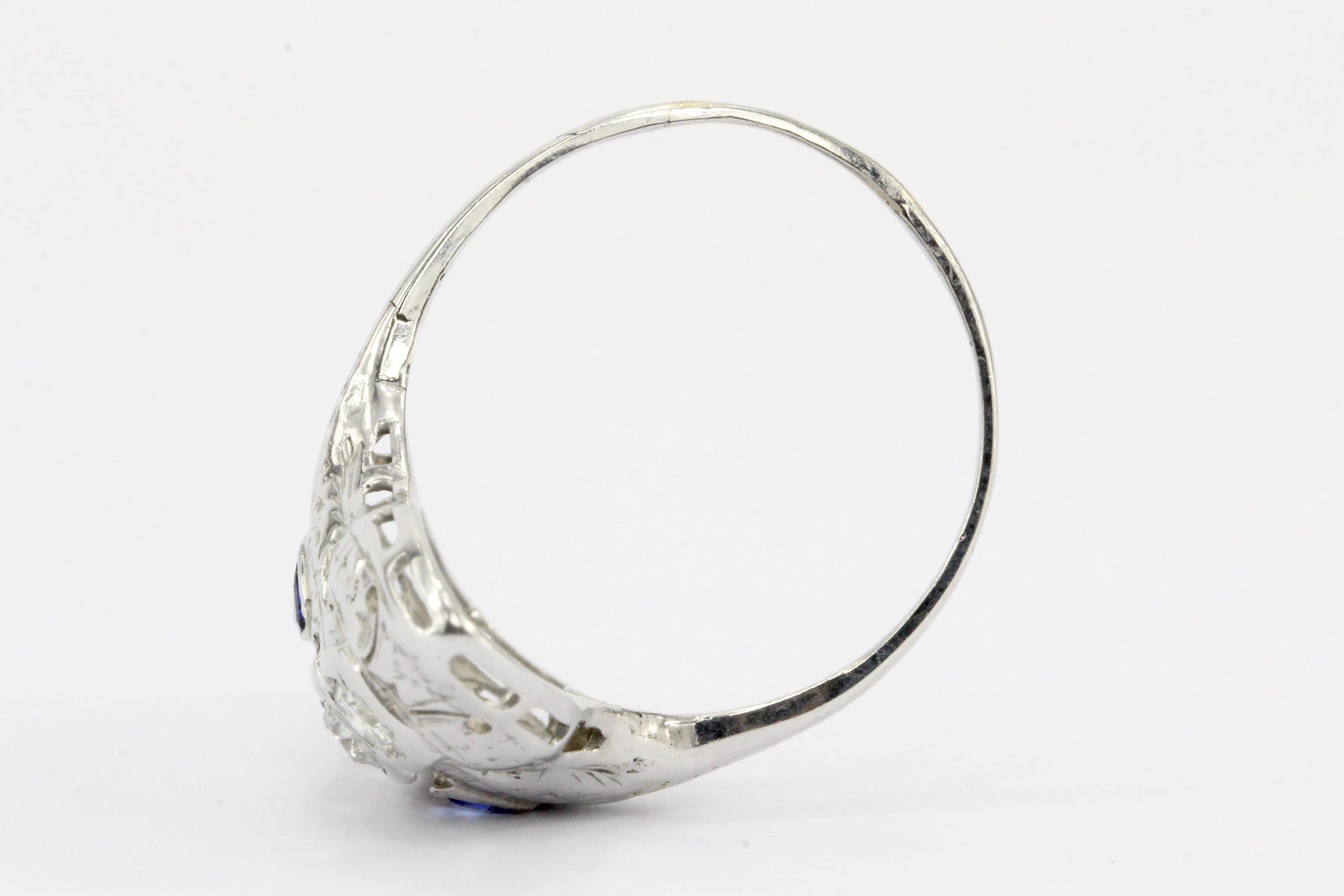 Art Deco 14K White Gold 4 Stone Diamond & Sapphire Shield Ring c.1930's