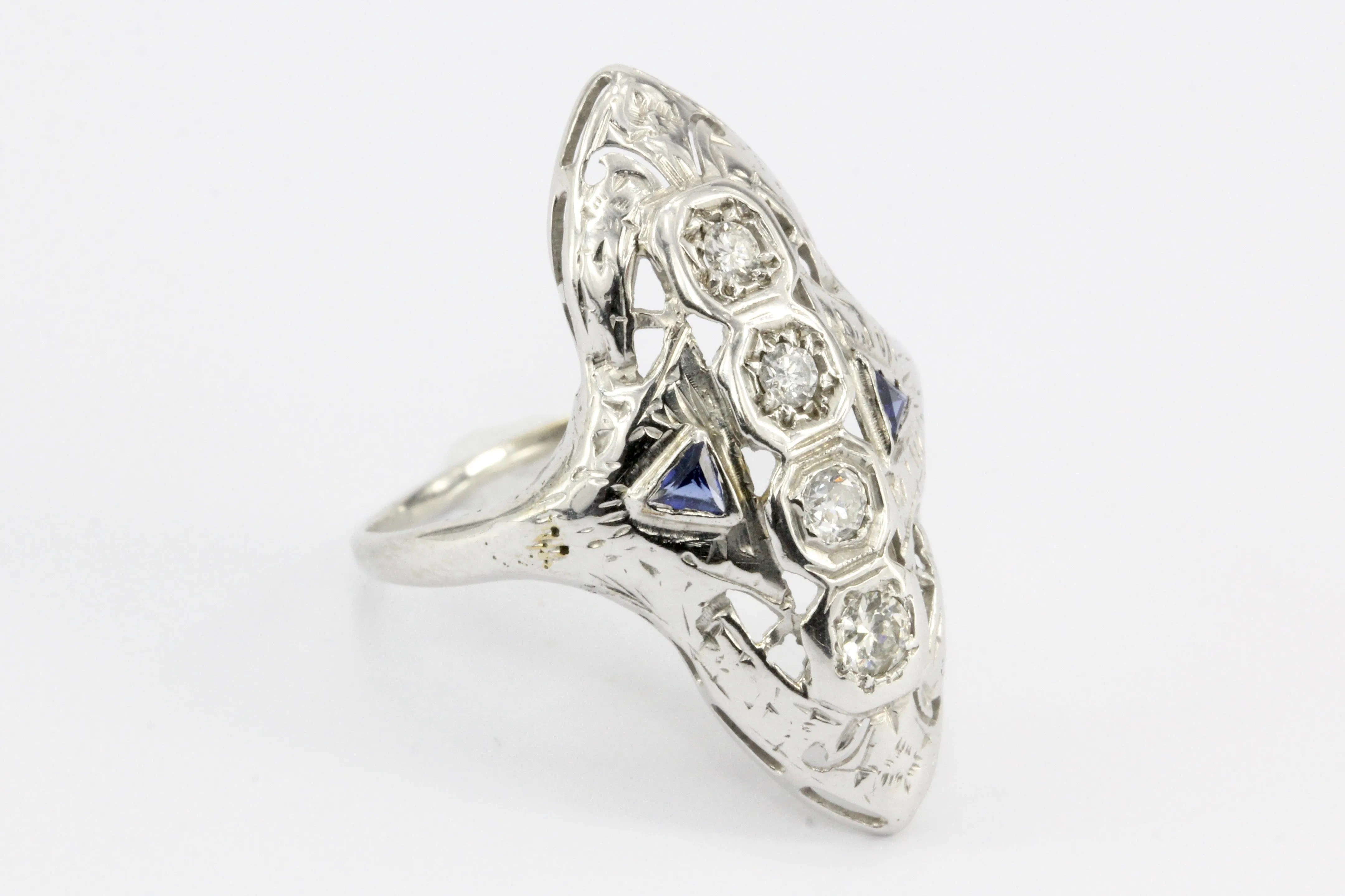 Art Deco 14K White Gold 4 Stone Diamond & Sapphire Shield Ring c.1930's