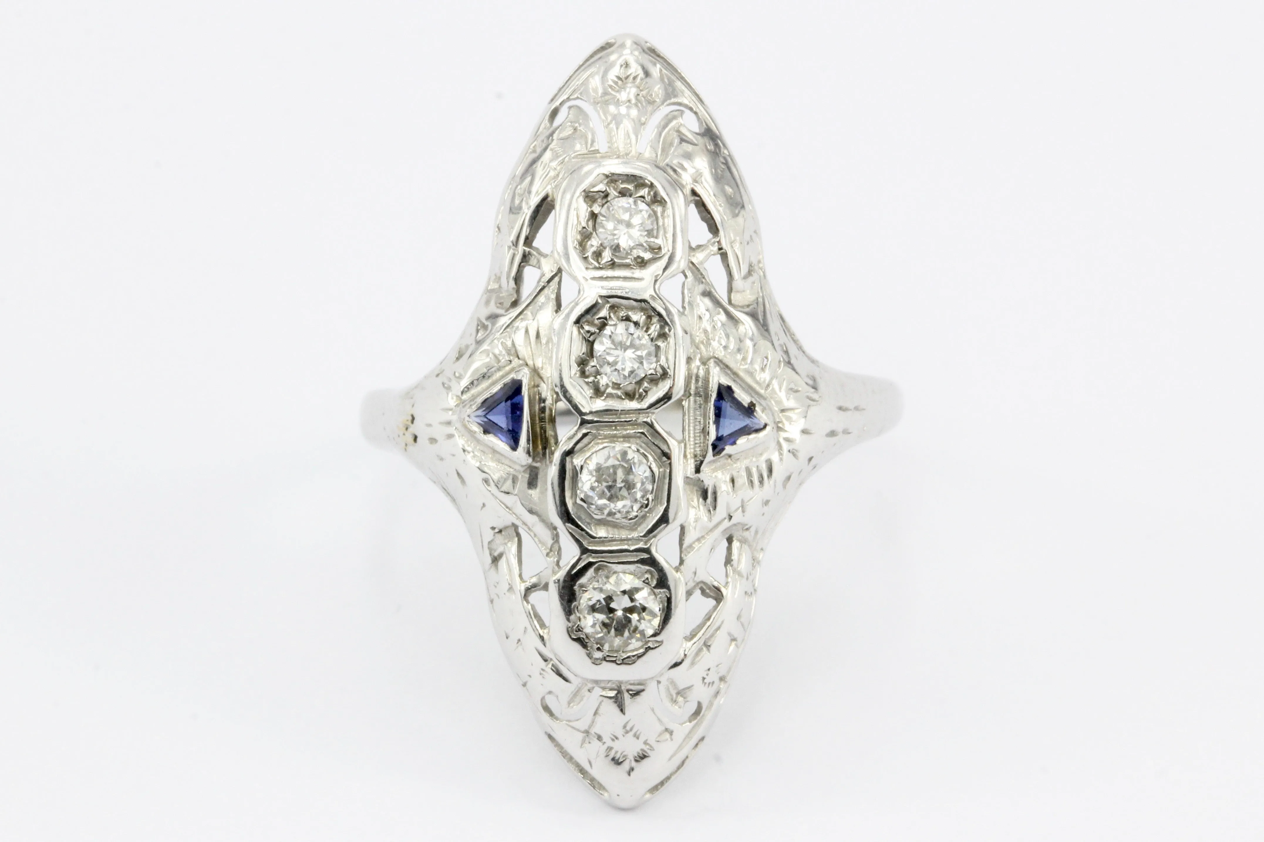 Art Deco 14K White Gold 4 Stone Diamond & Sapphire Shield Ring c.1930's