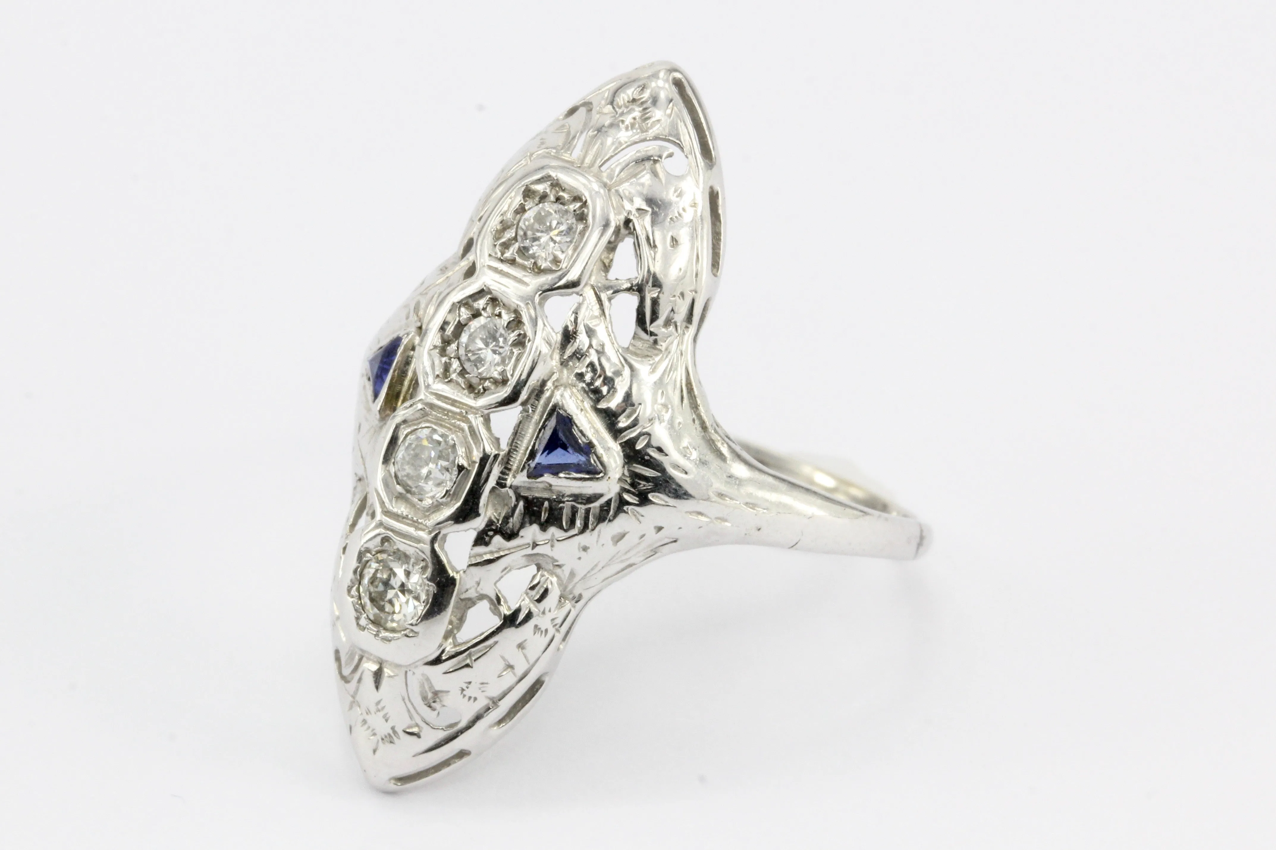 Art Deco 14K White Gold 4 Stone Diamond & Sapphire Shield Ring c.1930's