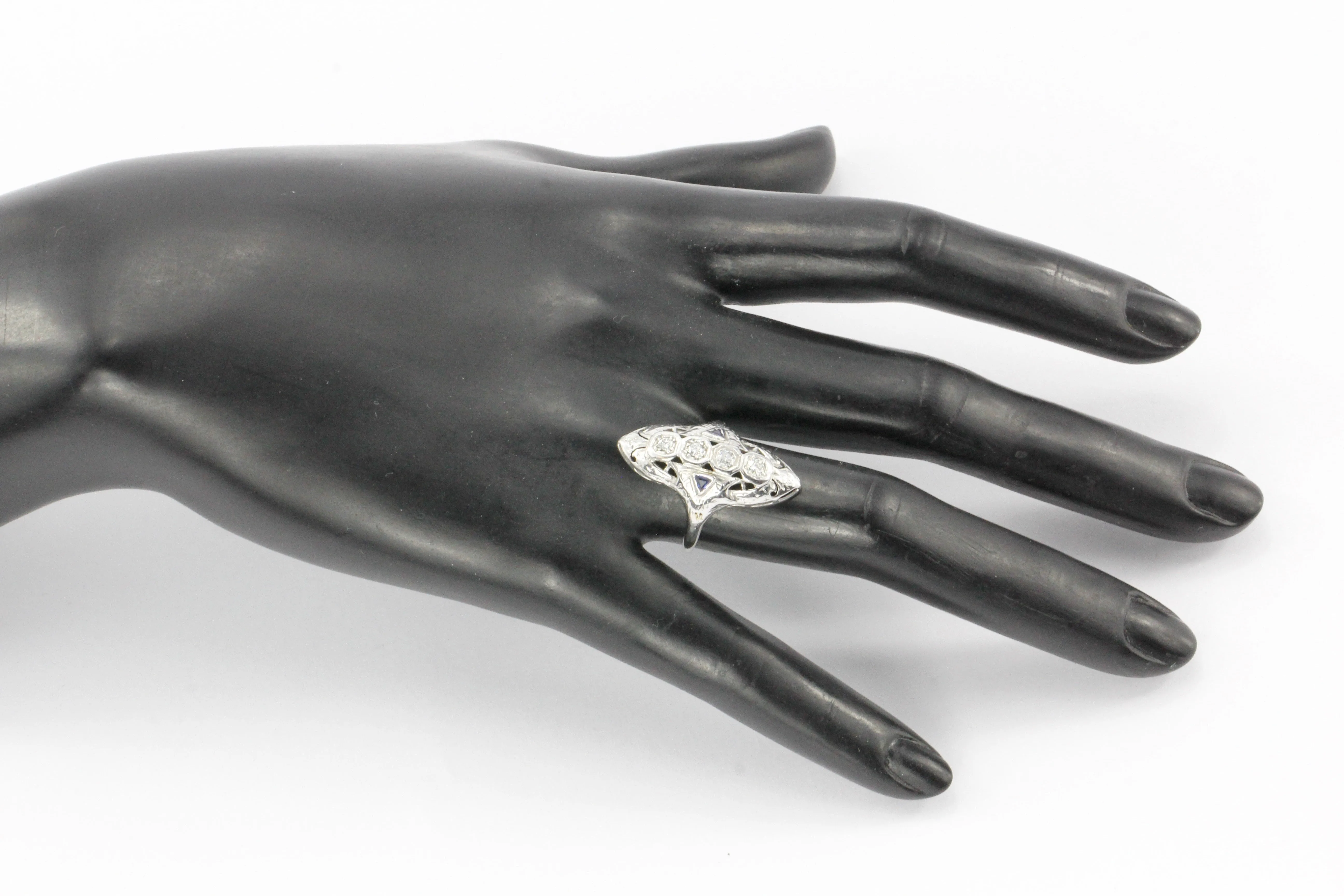 Art Deco 14K White Gold 4 Stone Diamond & Sapphire Shield Ring c.1930's
