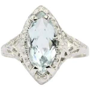 Art Deco 14K White Gold Aquamarine Ring Size 7.5
